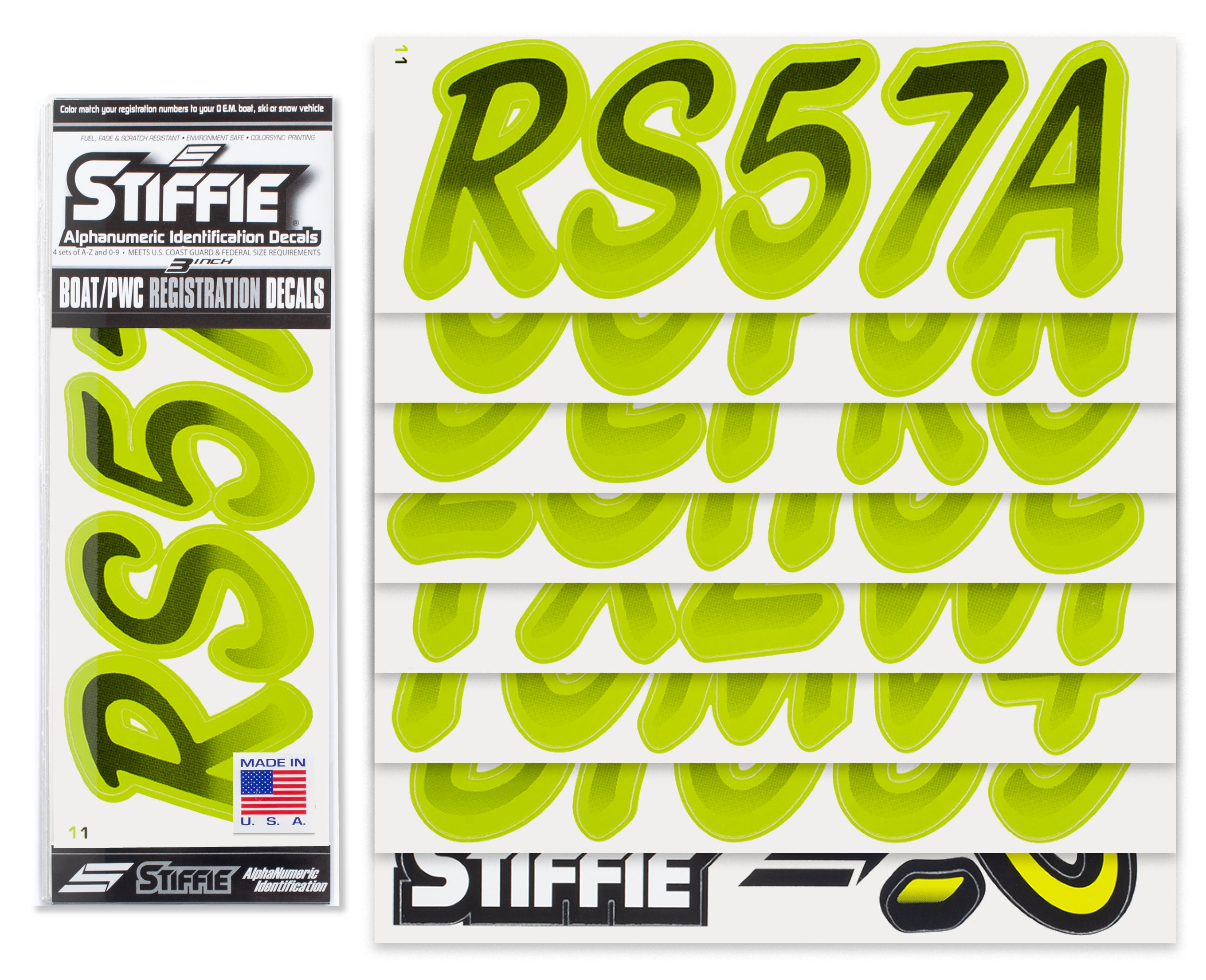 STIFFIE Whipline Black/Electric Lime 3" Alpha-Numeric Registration Identification Numbers Stickers Decals for Boats & Personal Watercraft