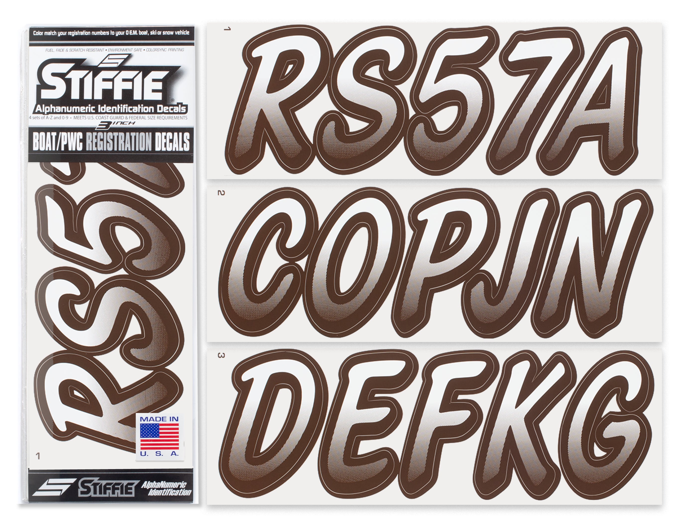 STIFFIE Whipline White /Espresso Brown 3" Alpha-Numeric Registration Identification Numbers Stickers Decals for Boats & Personal Watercraft