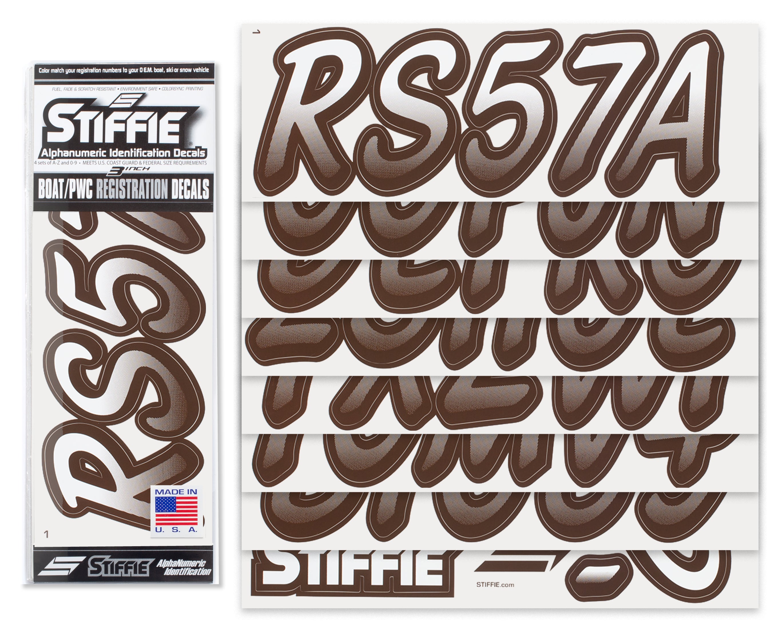 STIFFIE Whipline White /Espresso Brown 3" Alpha-Numeric Registration Identification Numbers Stickers Decals for Boats & Personal Watercraft