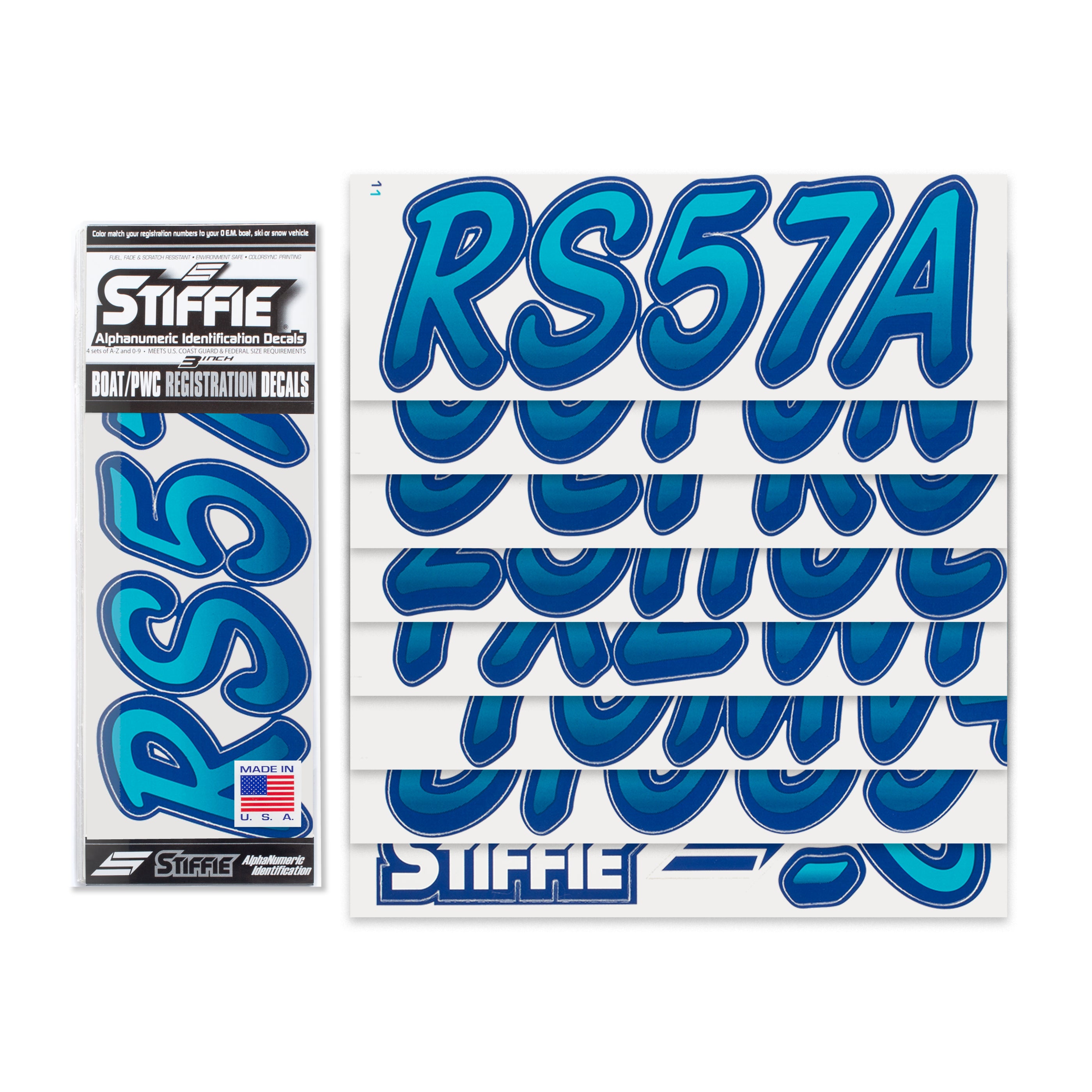STIFFIE Whipline Aqua/Navy 3" Alpha-Numeric Registration Identification Numbers Stickers Decals for Boats & Personal Watercraft