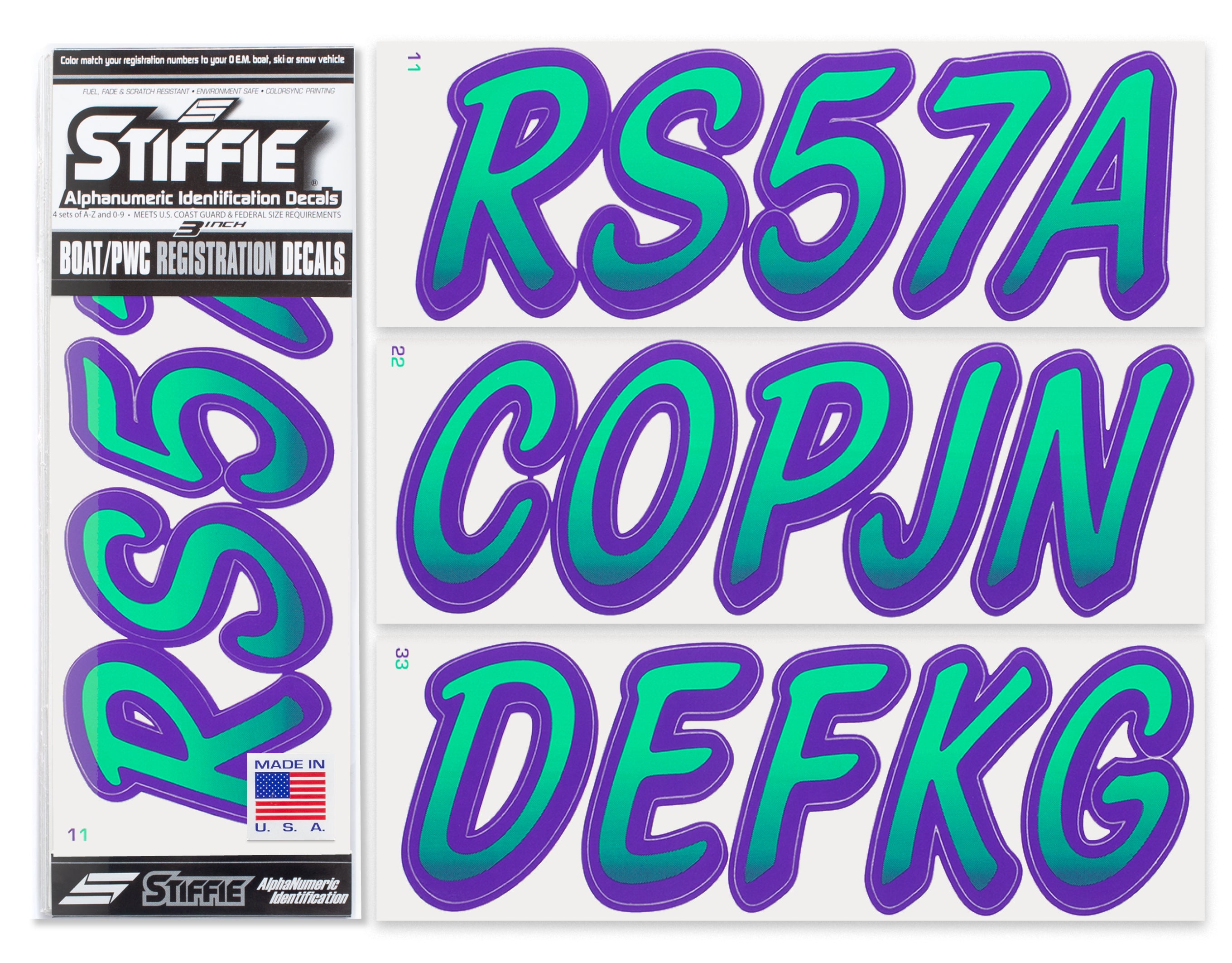 Stiffie Whipline Seafoam Green/Purple 3" Alpha-Numeric Registration Identification Numbers Stickers Decals for Boats & Personal Watercraft