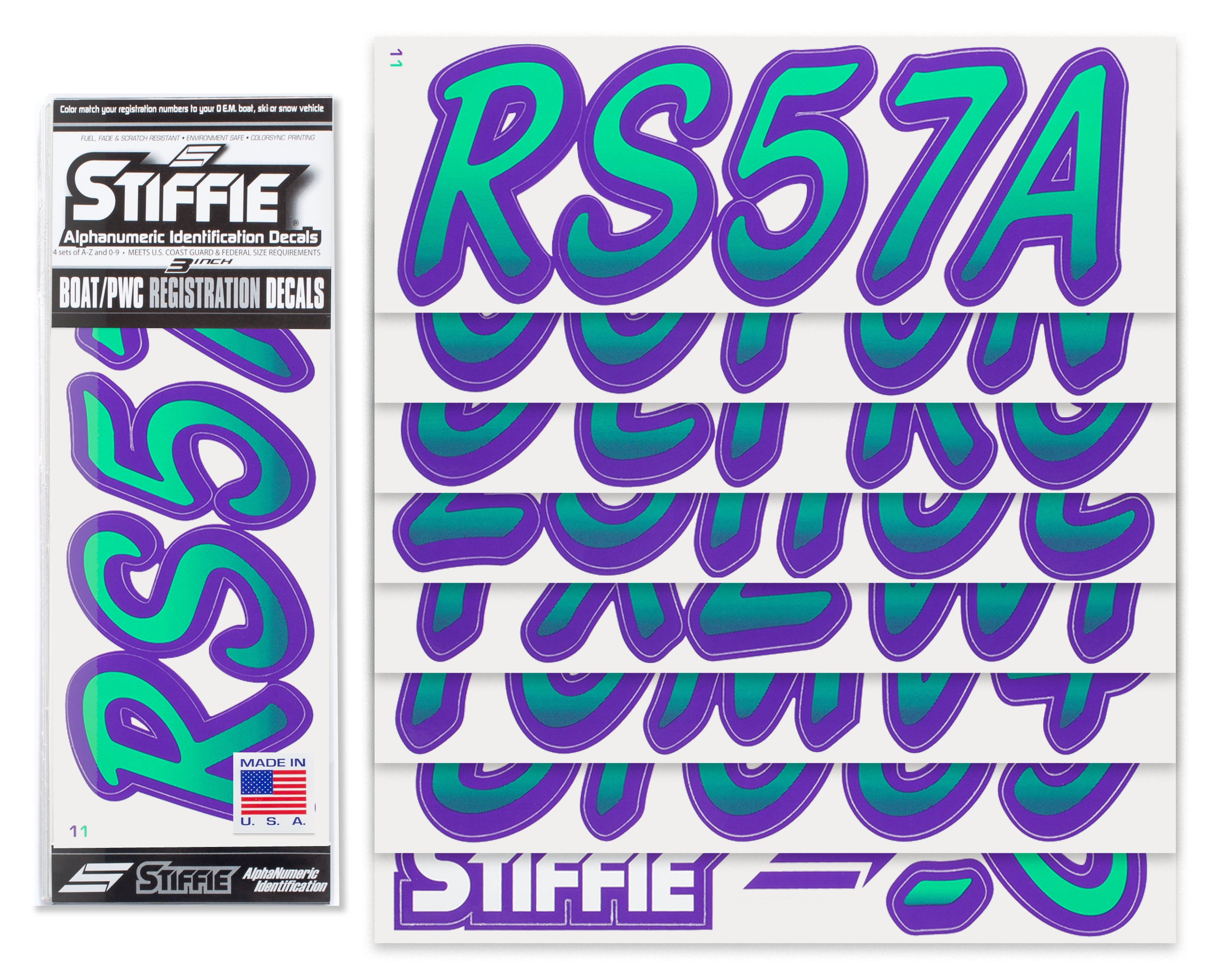 Stiffie Whipline Seafoam Green/Purple 3" Alpha-Numeric Registration Identification Numbers Stickers Decals for Boats & Personal Watercraft