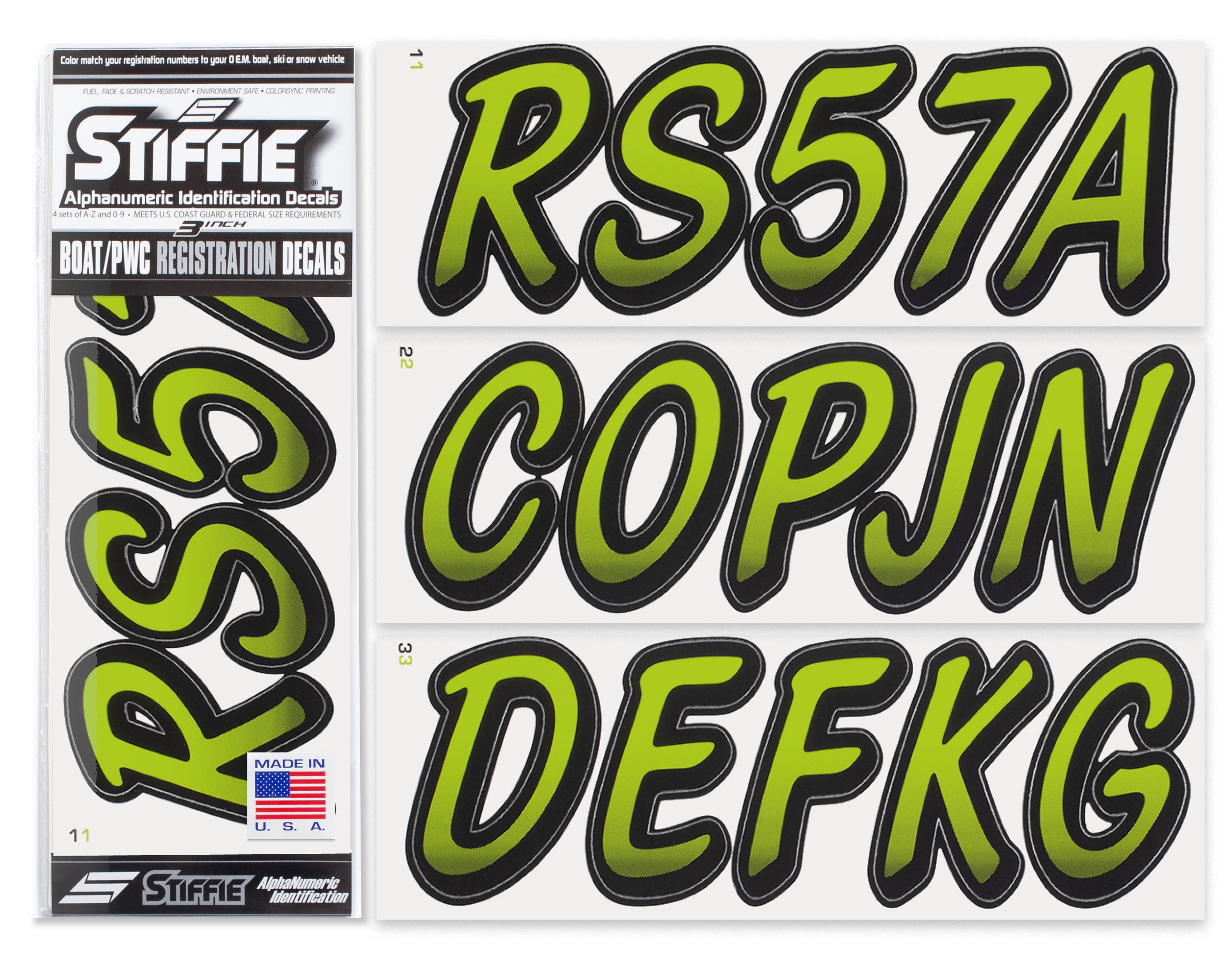 STIFFIE Whipline Electric Lime/Black 3" Alpha-Numeric Registration Identification Numbers Stickers Decals for Boats & Personal Watercraft