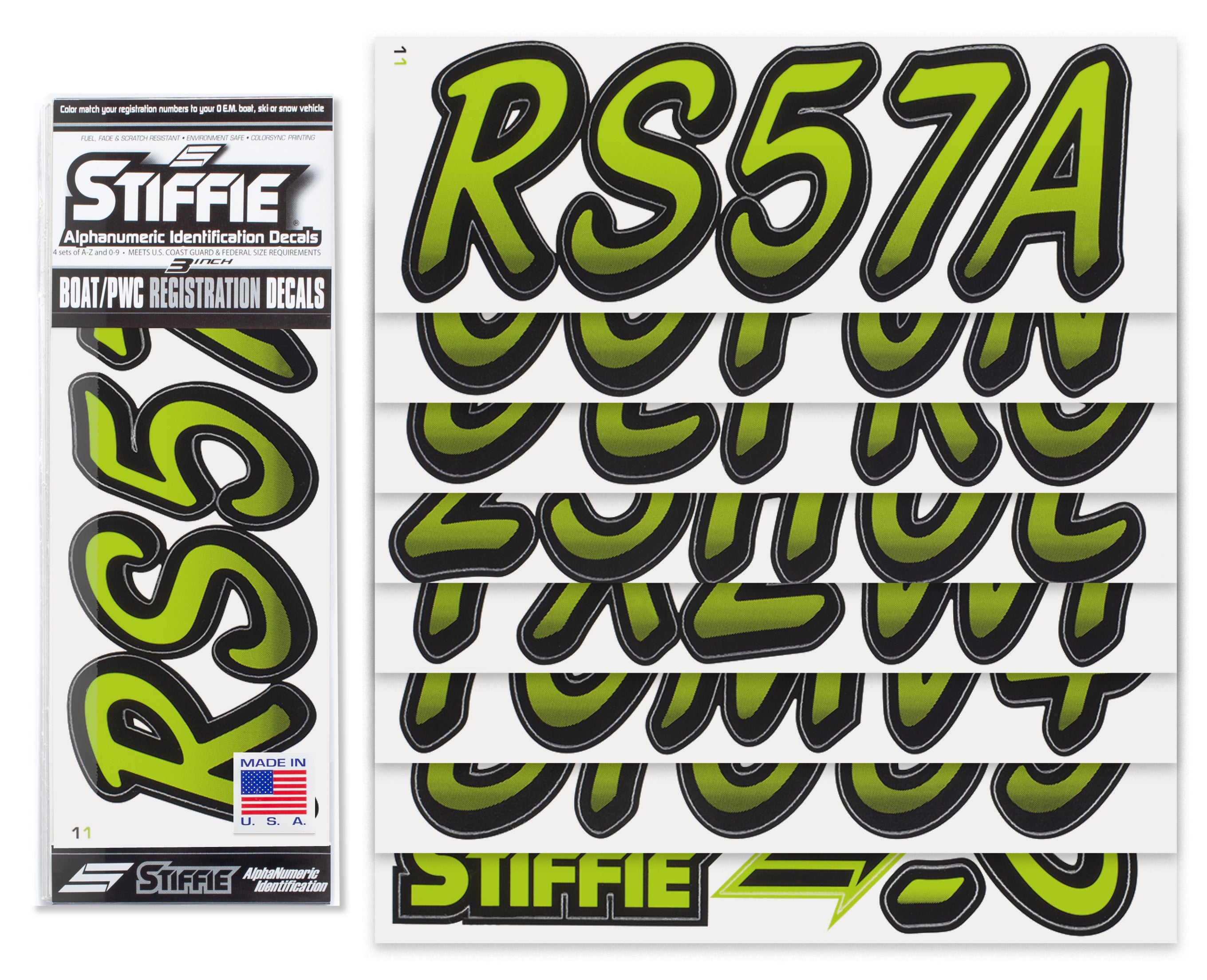 STIFFIE Whipline Electric Lime/Black 3" Alpha-Numeric Registration Identification Numbers Stickers Decals for Boats & Personal Watercraft