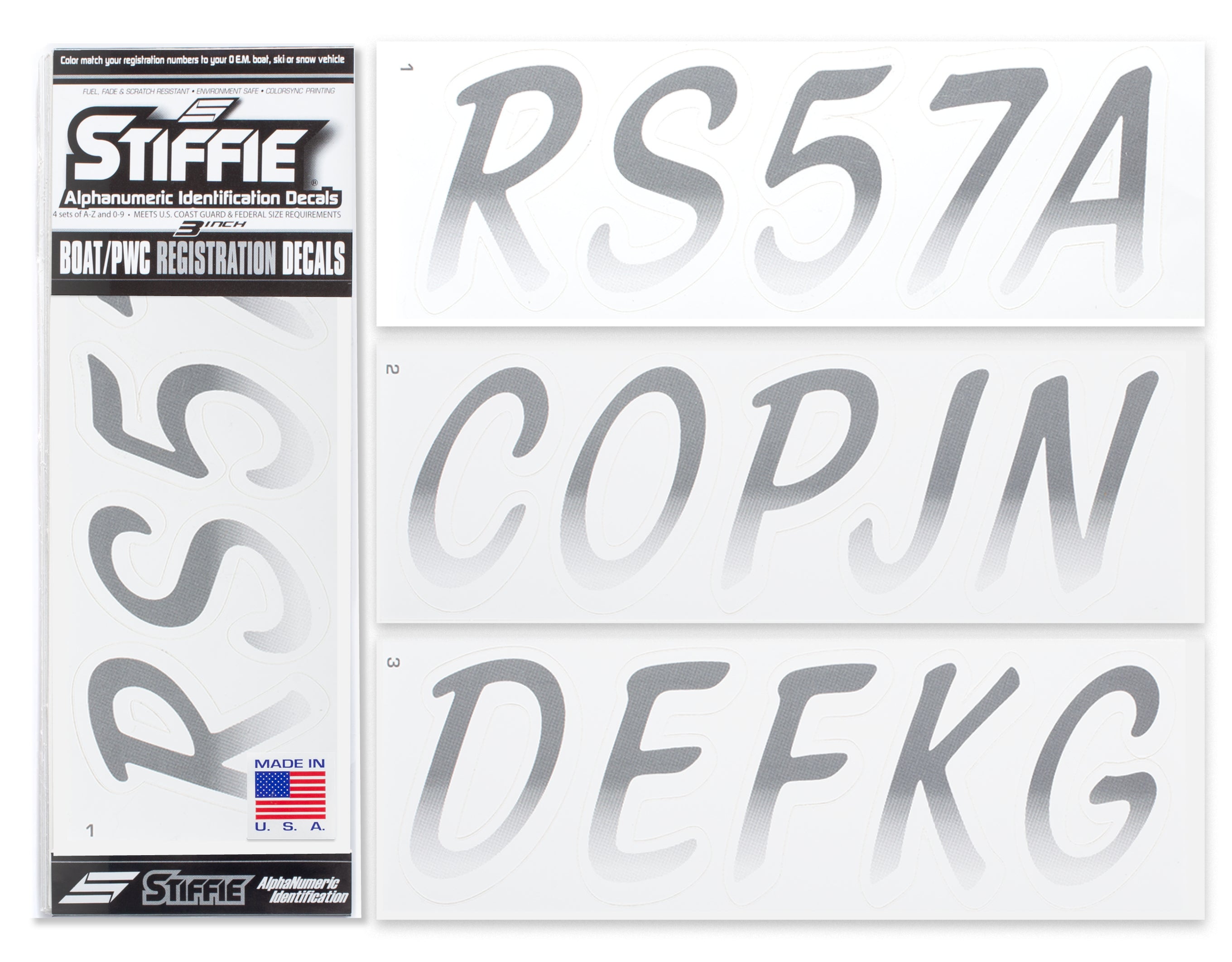 STIFFIE Whipline Carbon/White 3" Alpha-Numeric Registration Identification Numbers Stickers Decals for Boats & Personal Watercraft