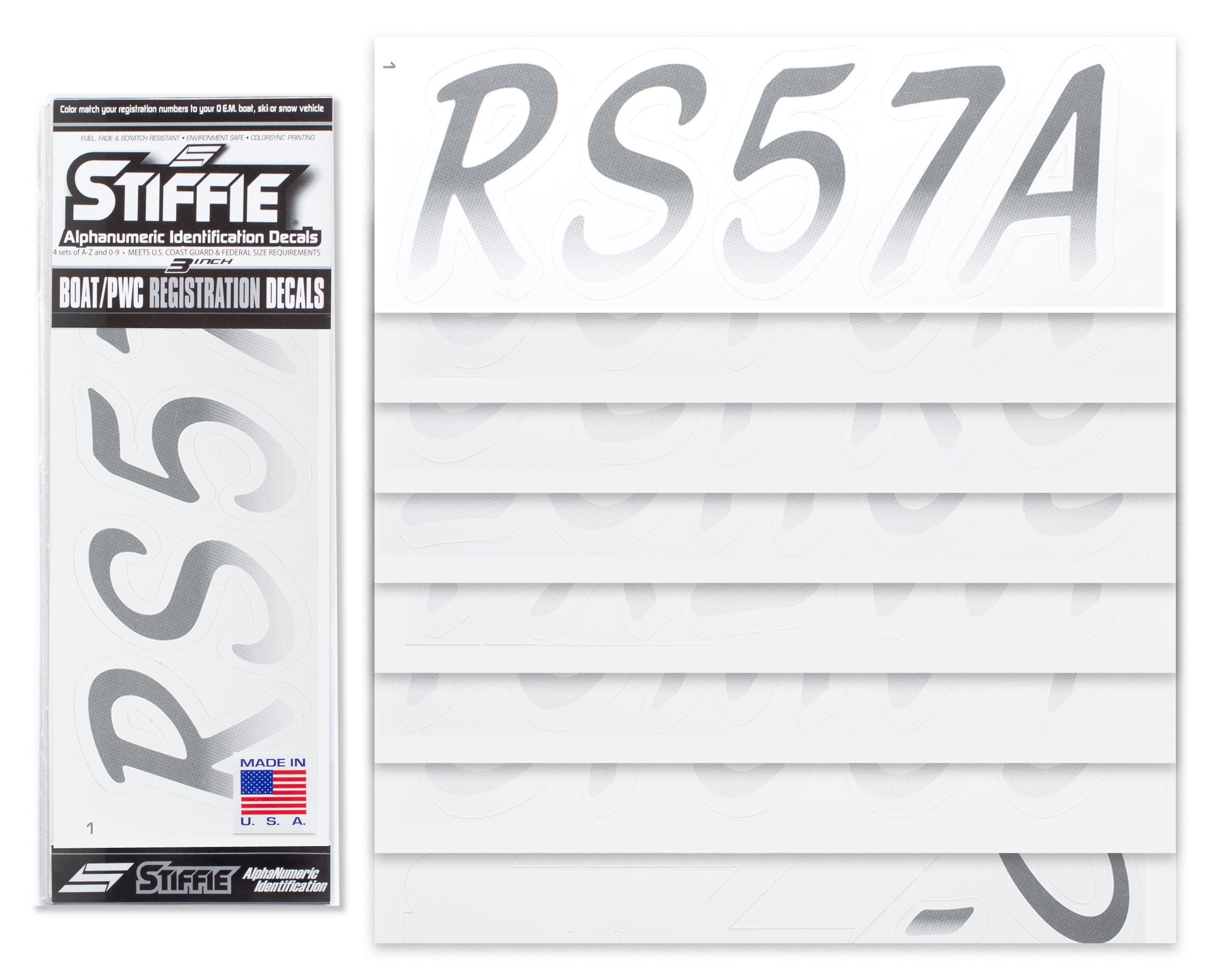 STIFFIE Whipline Carbon/White 3" Alpha-Numeric Registration Identification Numbers Stickers Decals for Boats & Personal Watercraft