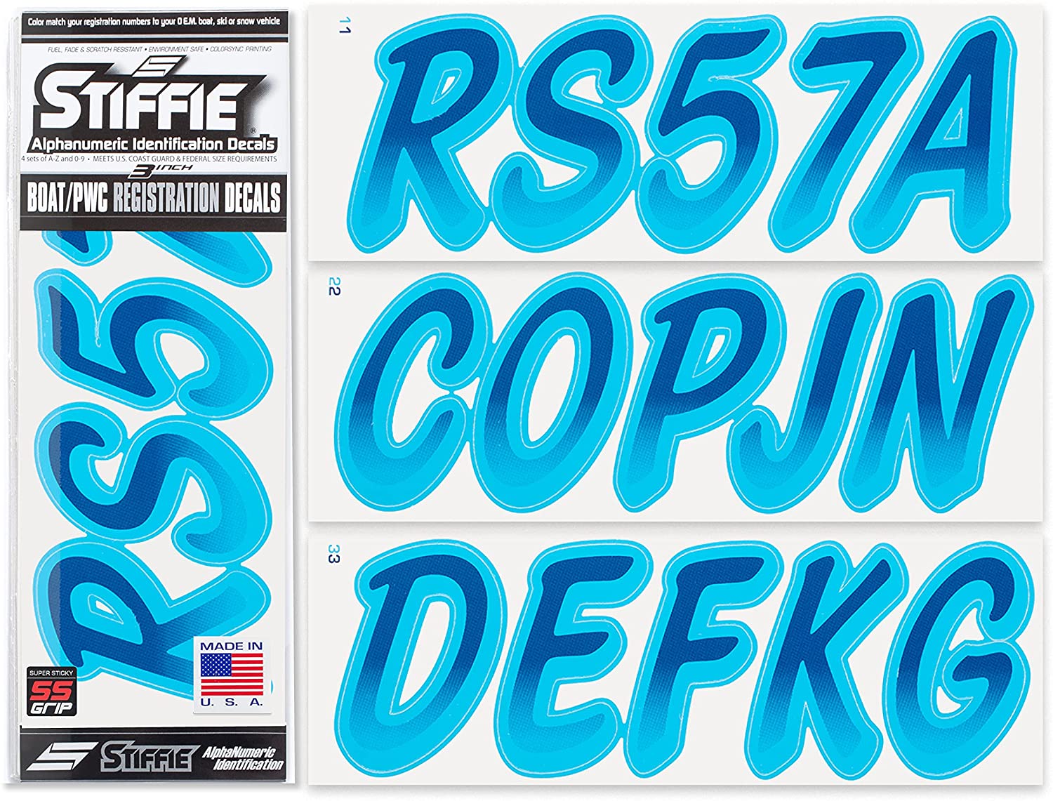 STIFFIE Whipline Navy/Sky Blue 3" Alpha-Numeric Registration Identification Numbers Stickers Decals for Boats & Personal Watercraft