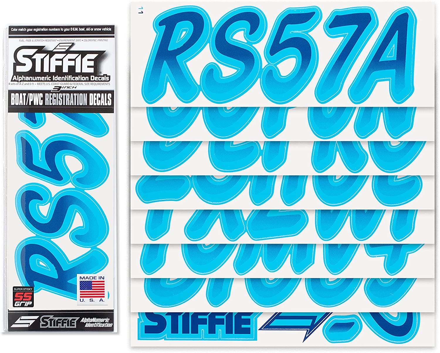 STIFFIE Whipline Navy/Sky Blue 3" Alpha-Numeric Registration Identification Numbers Stickers Decals for Boats & Personal Watercraft