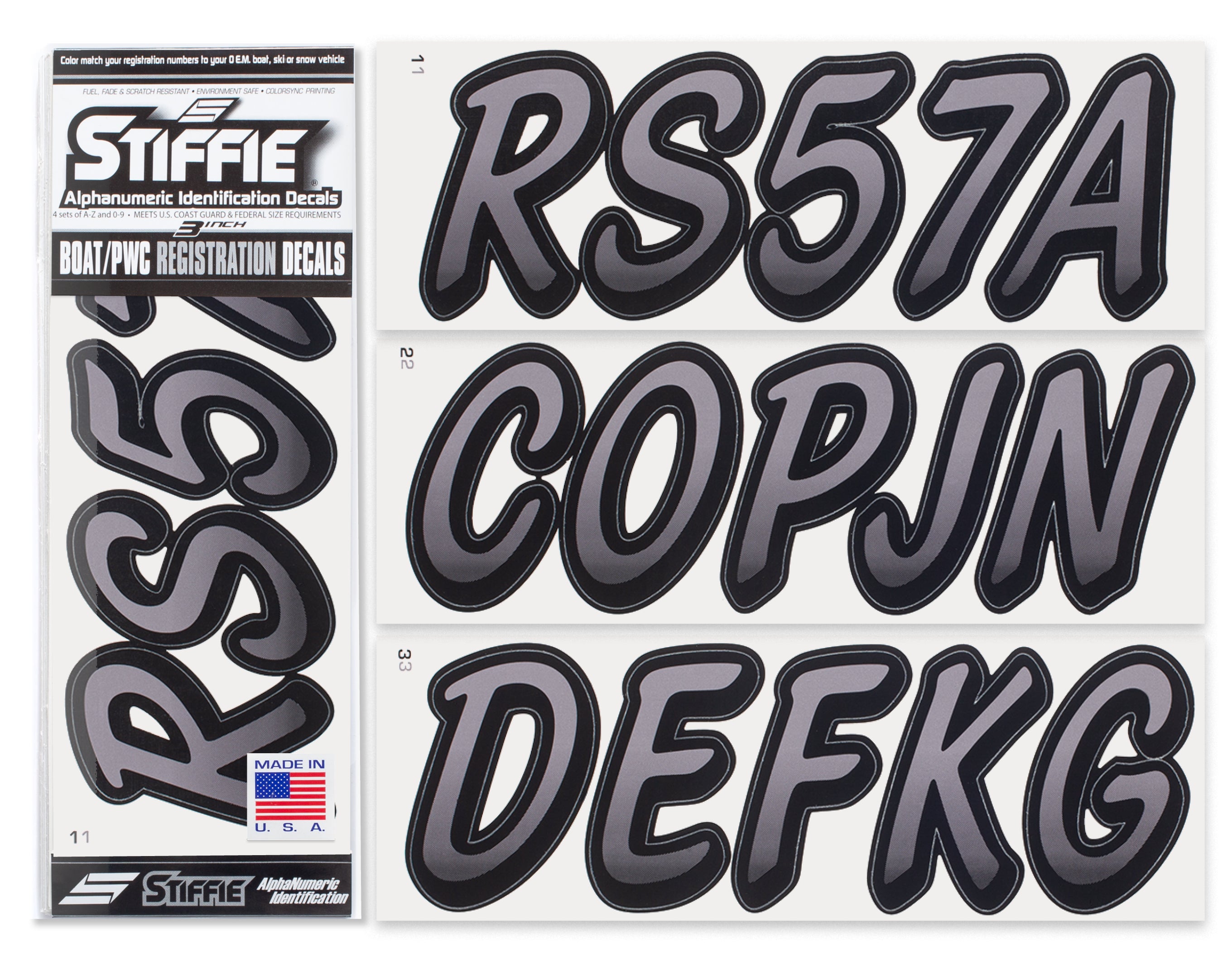 STIFFIE Whipline Gunmetal/Black 3" Alpha-Numeric Registration Identification Numbers Stickers Decals for Boats & Personal Watercraft