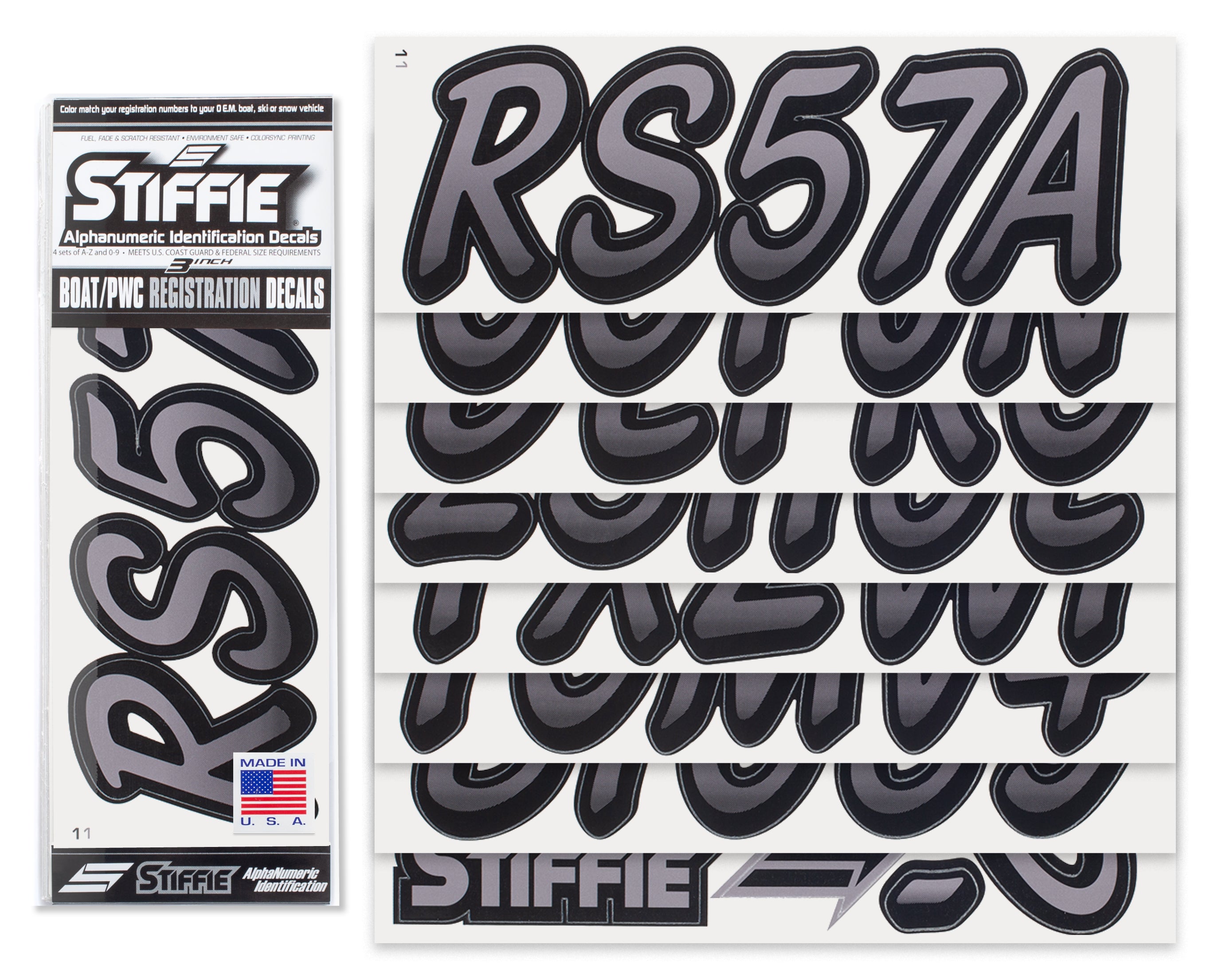 STIFFIE Whipline Gunmetal/Black 3" Alpha-Numeric Registration Identification Numbers Stickers Decals for Boats & Personal Watercraft