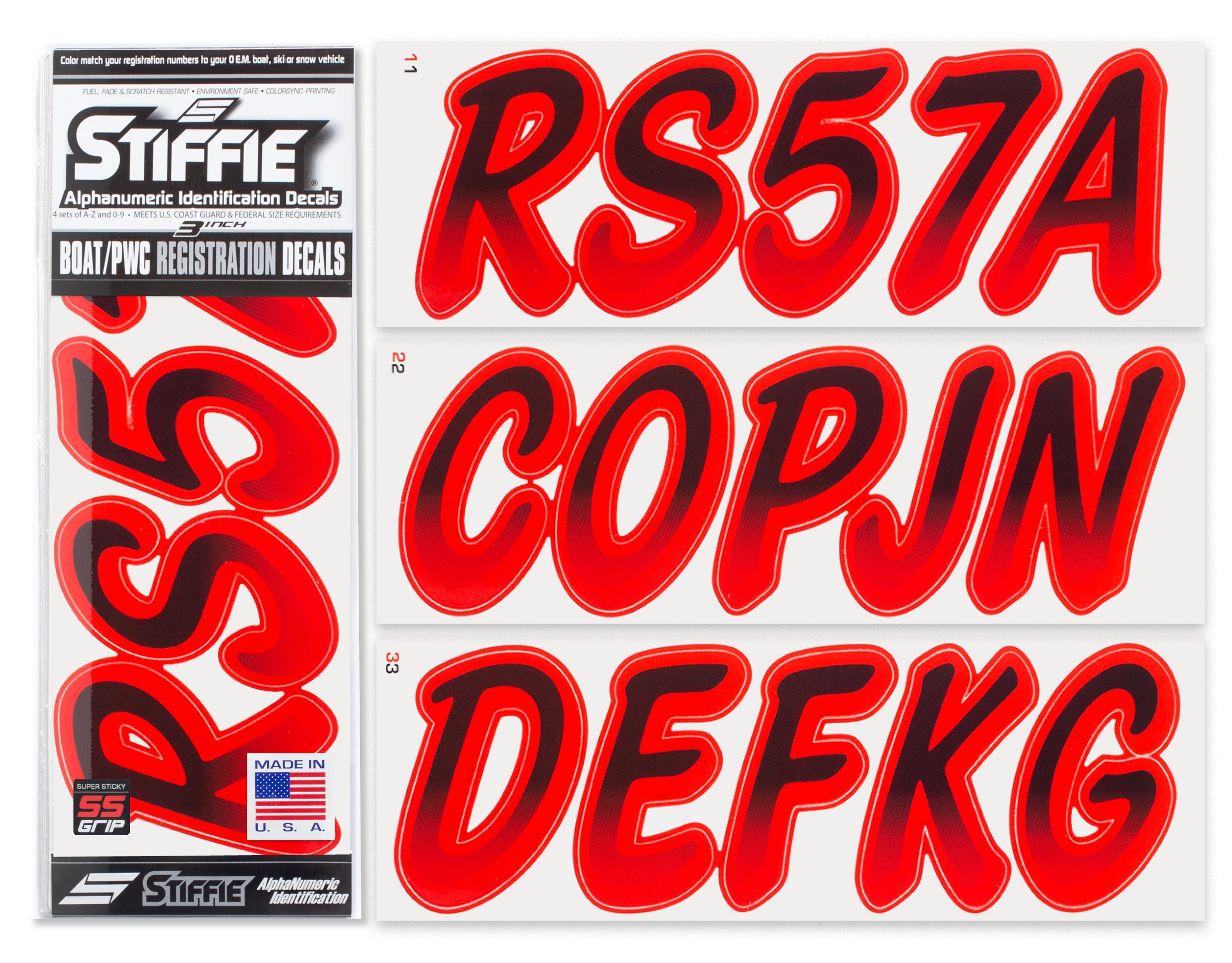 STIFFIE Whipline Black/Lava Red Super Sticky 3" Alpha Numeric Registration Identification Numbers Stickers Decals for Sea-Doo Spark, Inflatable Boats, Ribs, Hypalon/PVC, PWC and Boats.