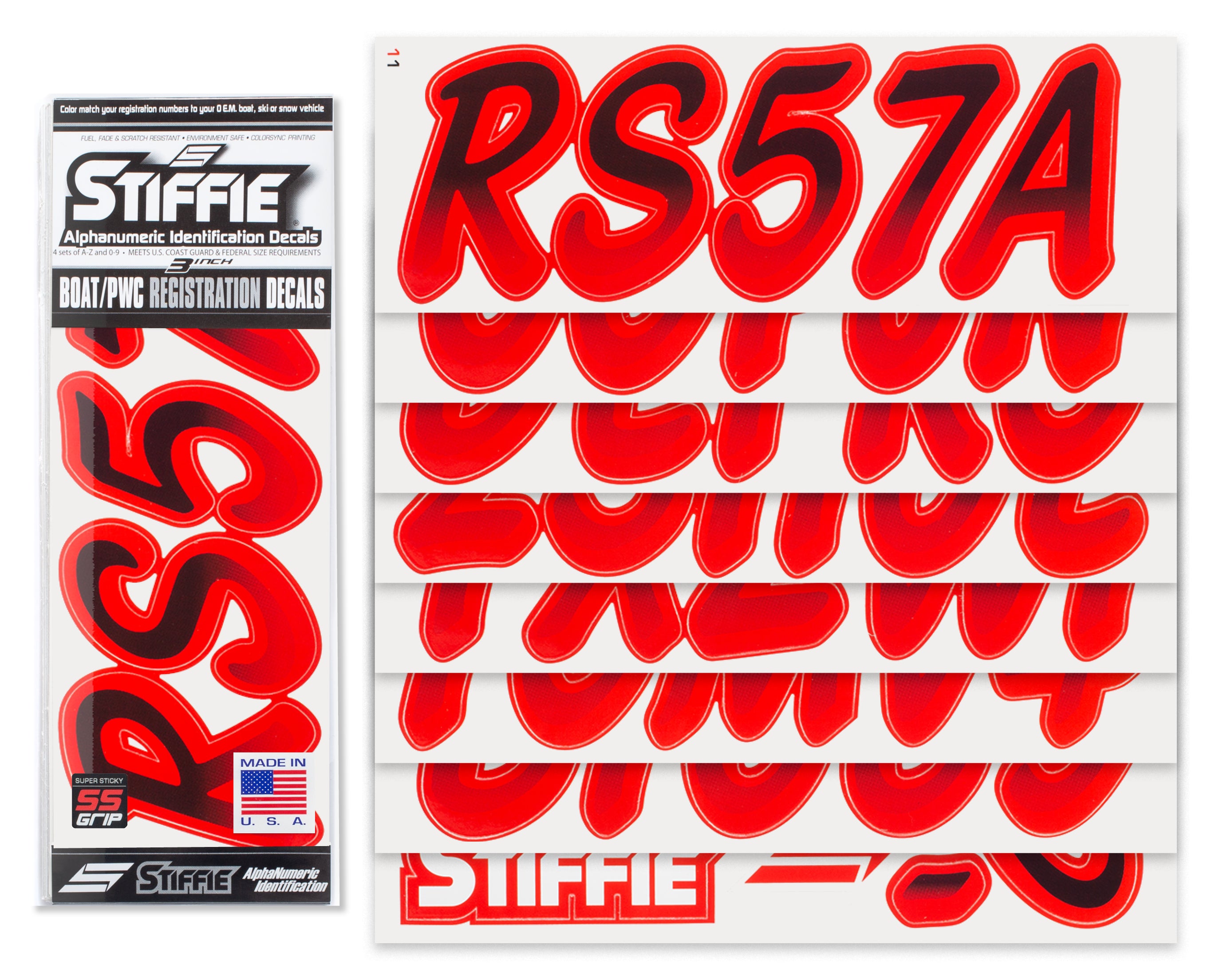 STIFFIE Whipline Black/Lava Red Super Sticky 3" Alpha Numeric Registration Identification Numbers Stickers Decals for Sea-Doo Spark, Inflatable Boats, Ribs, Hypalon/PVC, PWC and Boats.