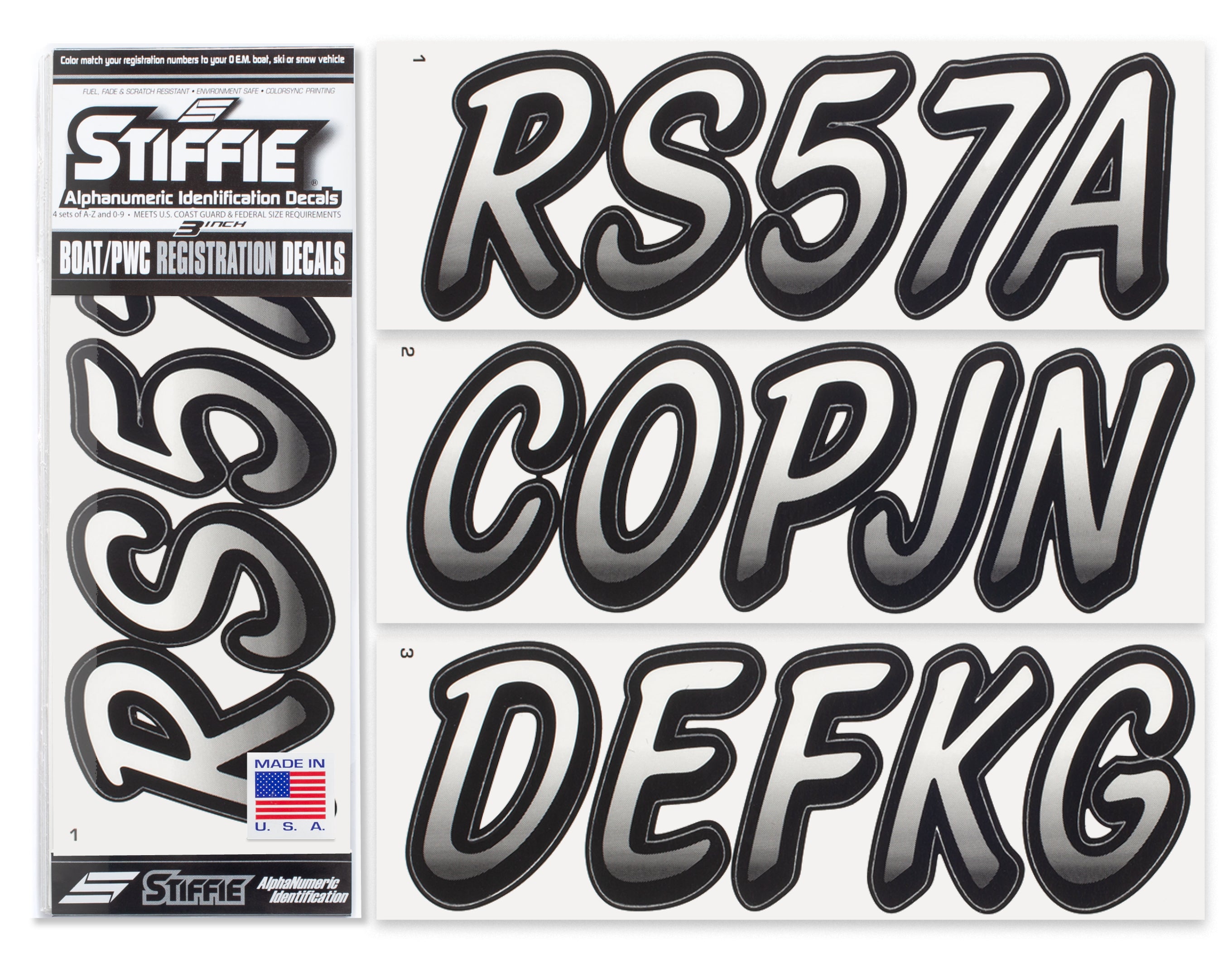 STIFFIE Whipline Transparent/Black 3" Alpha-Numeric Registration Identification Numbers Stickers Decals for Boats & Personal Watercraft