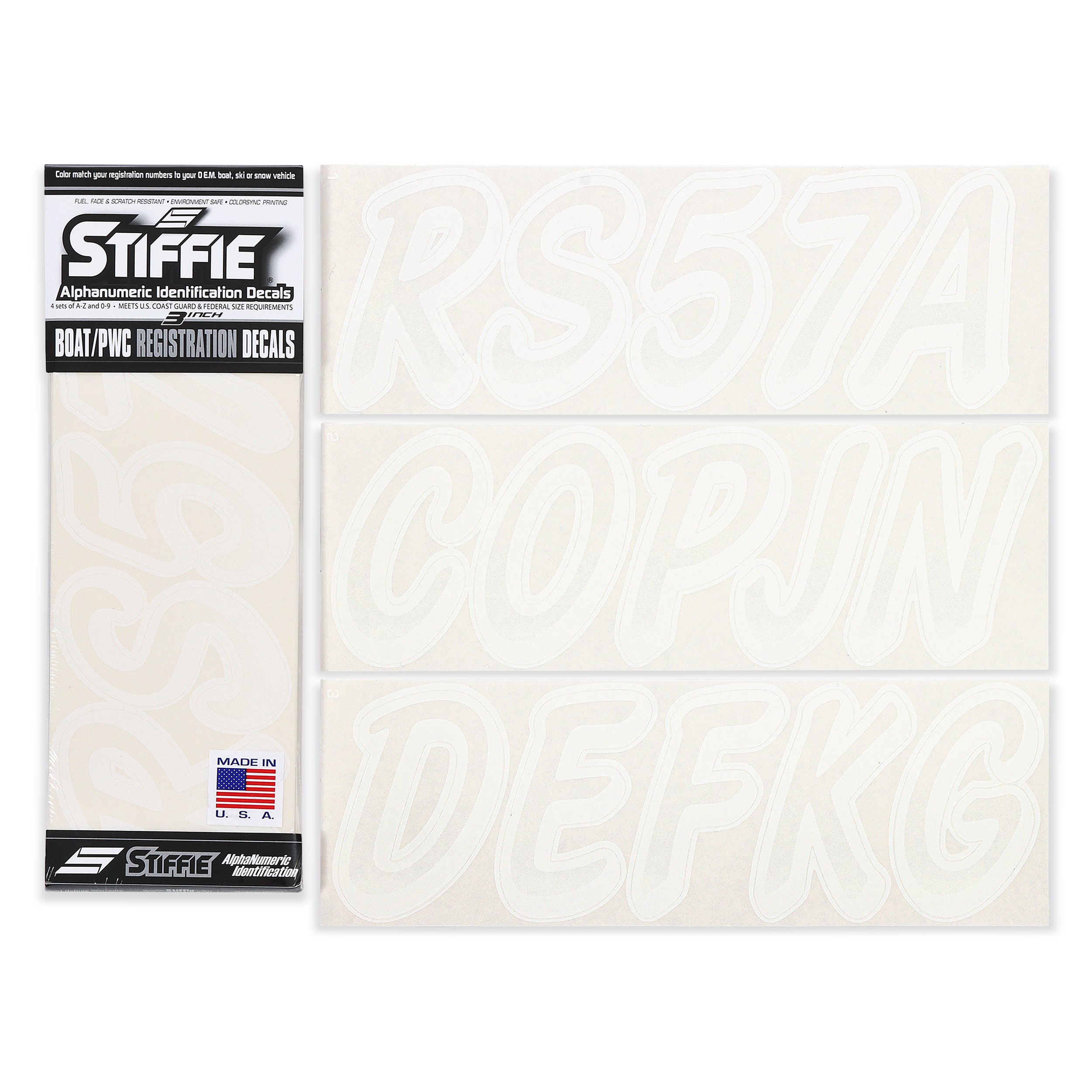 STIFFIE Whipline Transparent/White 3" Alpha-Numeric Registration Identification Numbers Stickers Decals for Boats & Personal Watercraft