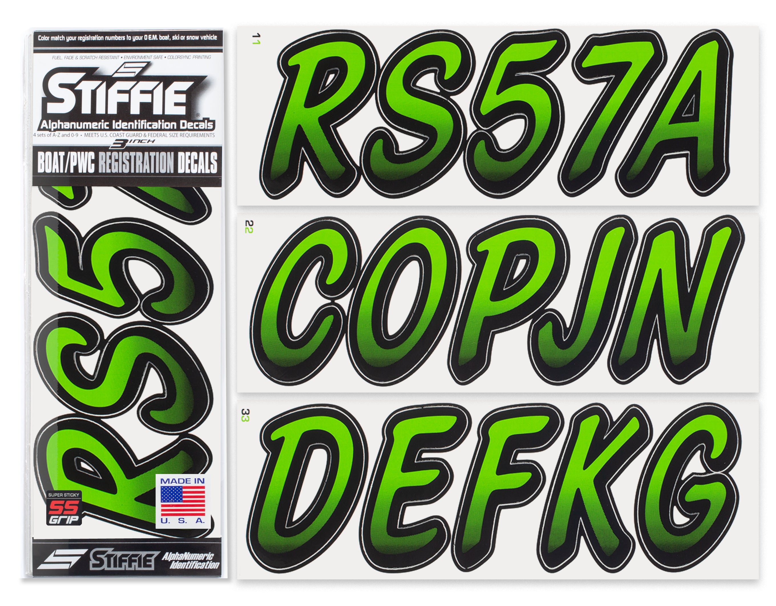 Stiffie Whipline Team Green/Black Super Sticky 3" Alpha Numeric Registration Identification Numbers Stickers Decals for Sea-Doo Spark, Inflatable Boats, Ribs, Hypalon/PVC, PWC and Boats.