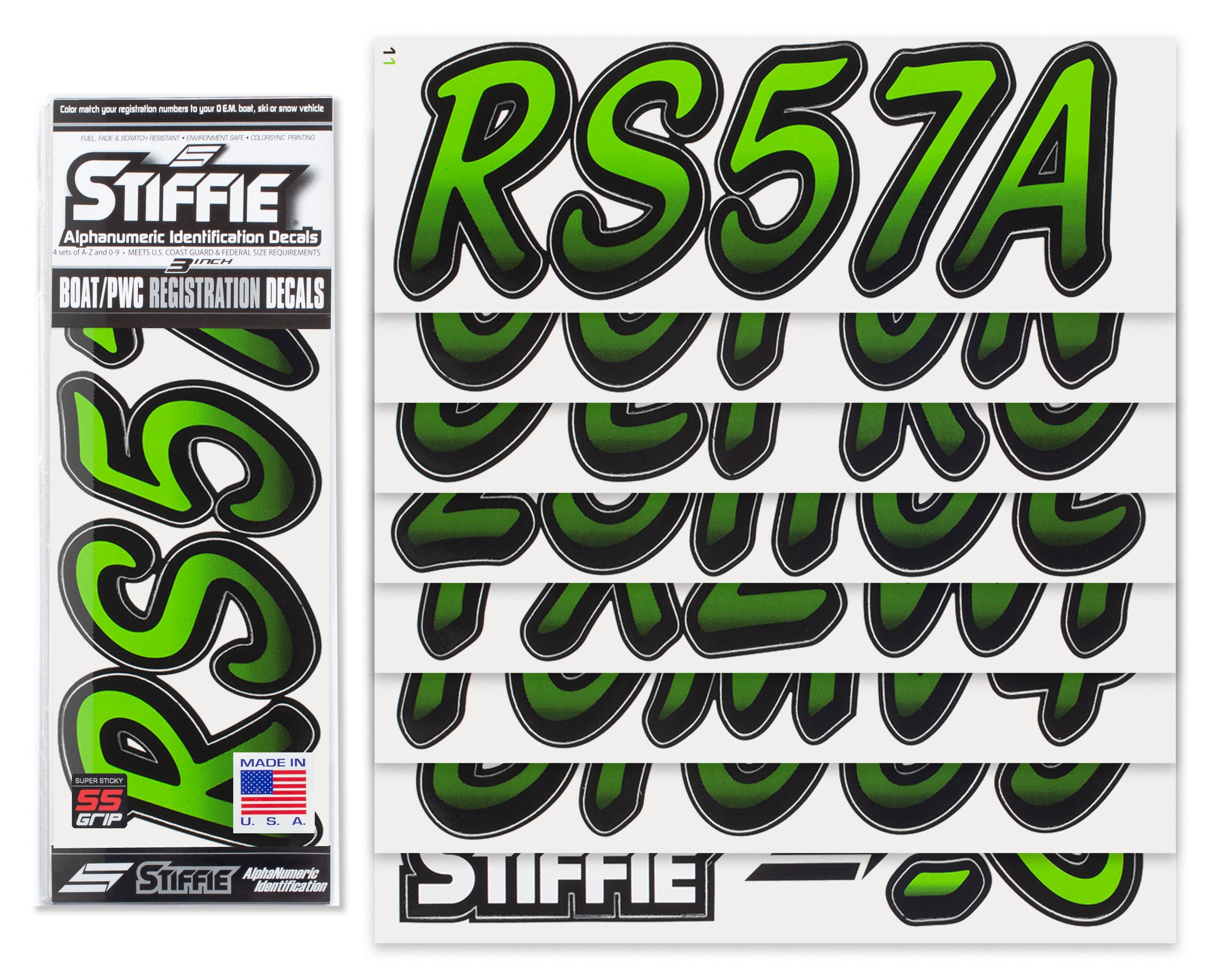 Stiffie Whipline Team Green/Black Super Sticky 3" Alpha Numeric Registration Identification Numbers Stickers Decals for Sea-Doo Spark, Inflatable Boats, Ribs, Hypalon/PVC, PWC and Boats.