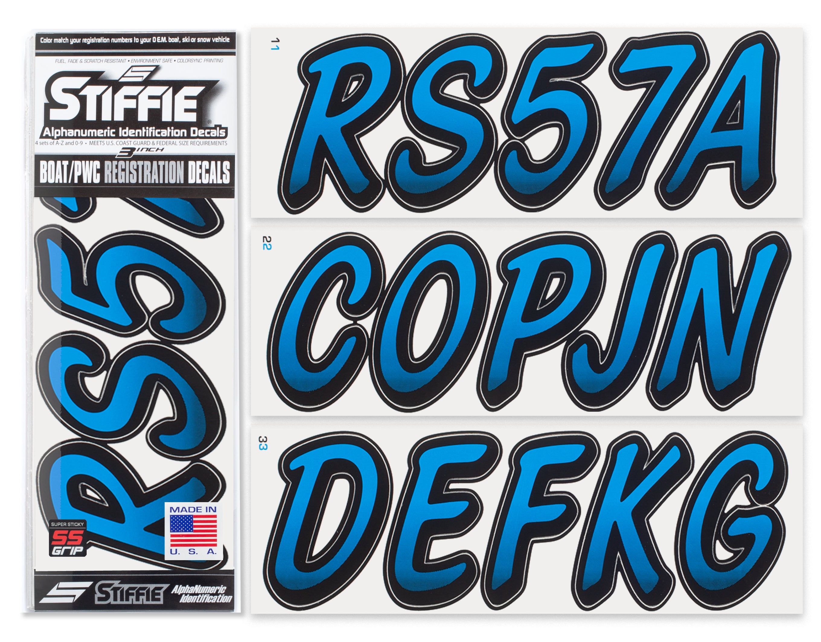 STIFFIE Whipline Blueberry/Black Super Sticky 3" Alpha Numeric Registration Identification Numbers Stickers Decals for Sea-Doo Spark, Inflatable Boats, Ribs, Hypalon/PVC, PWC and Boats.