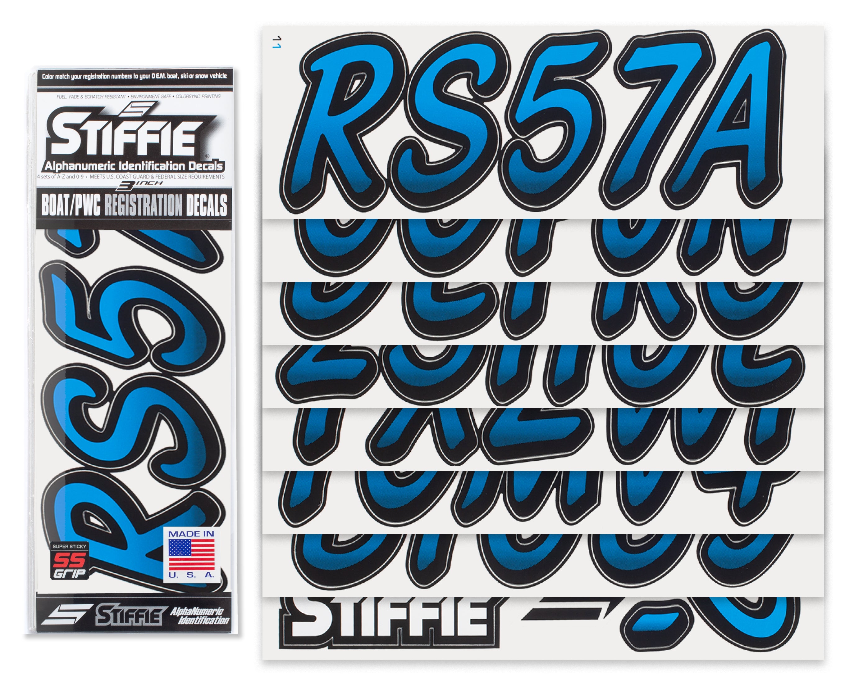 STIFFIE Whipline Blueberry/Black Super Sticky 3" Alpha Numeric Registration Identification Numbers Stickers Decals for Sea-Doo Spark, Inflatable Boats, Ribs, Hypalon/PVC, PWC and Boats.