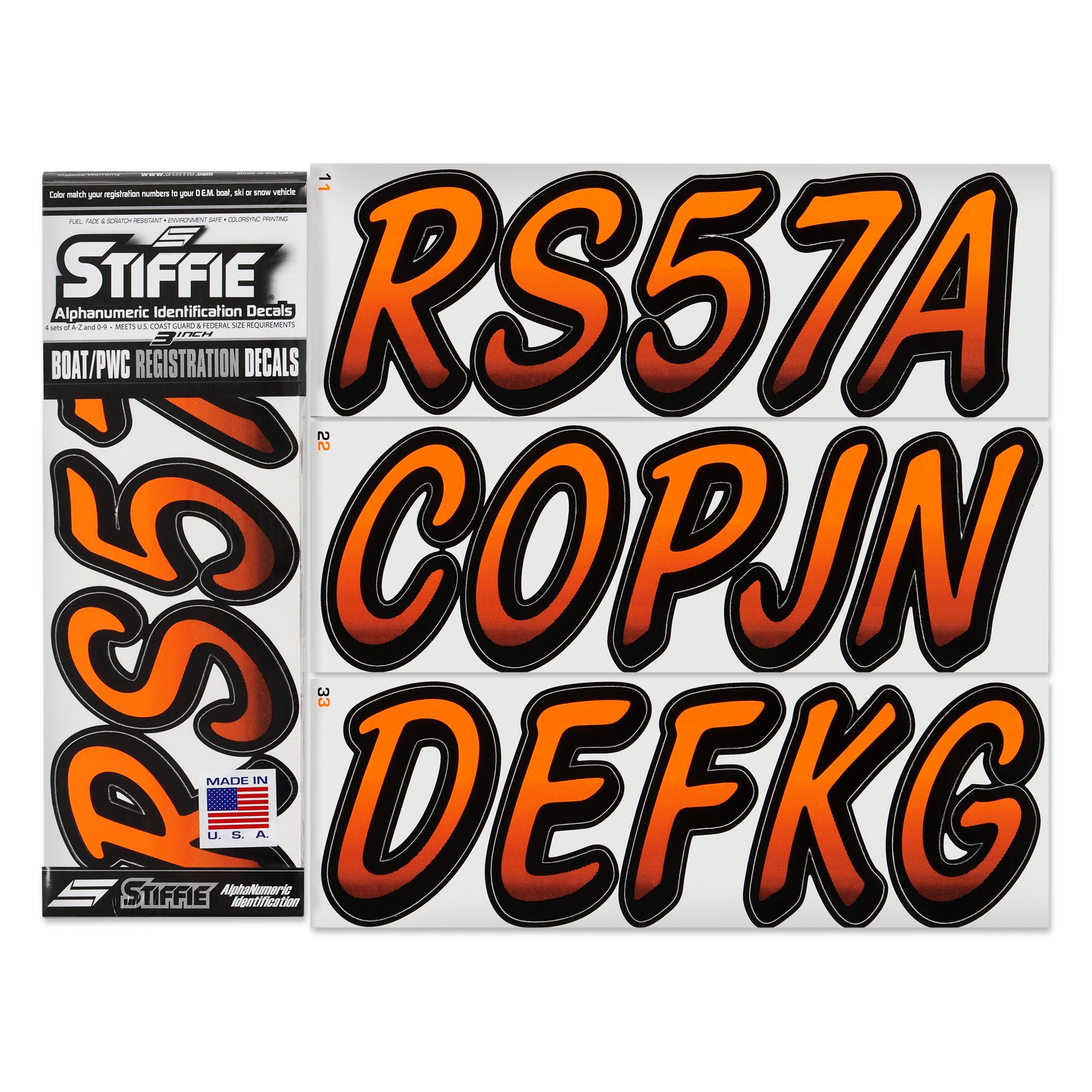 STIFFIE Whipline Electric Orange/Black 3" Alpha-Numeric Registration Identification Numbers Stickers Decals for Boats & Personal Watercraft