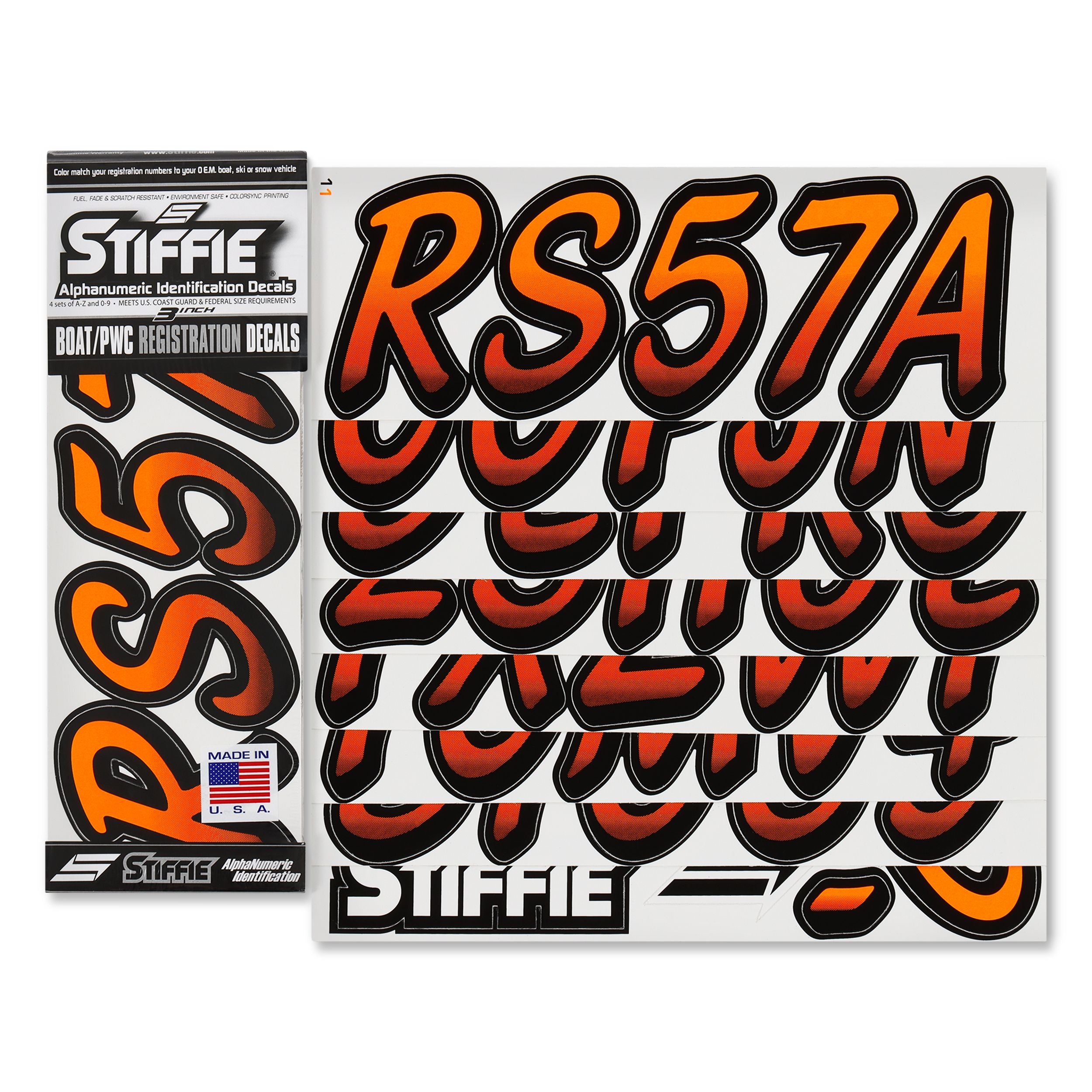 STIFFIE Whipline Electric Orange/Black 3" Alpha-Numeric Registration Identification Numbers Stickers Decals for Boats & Personal Watercraft