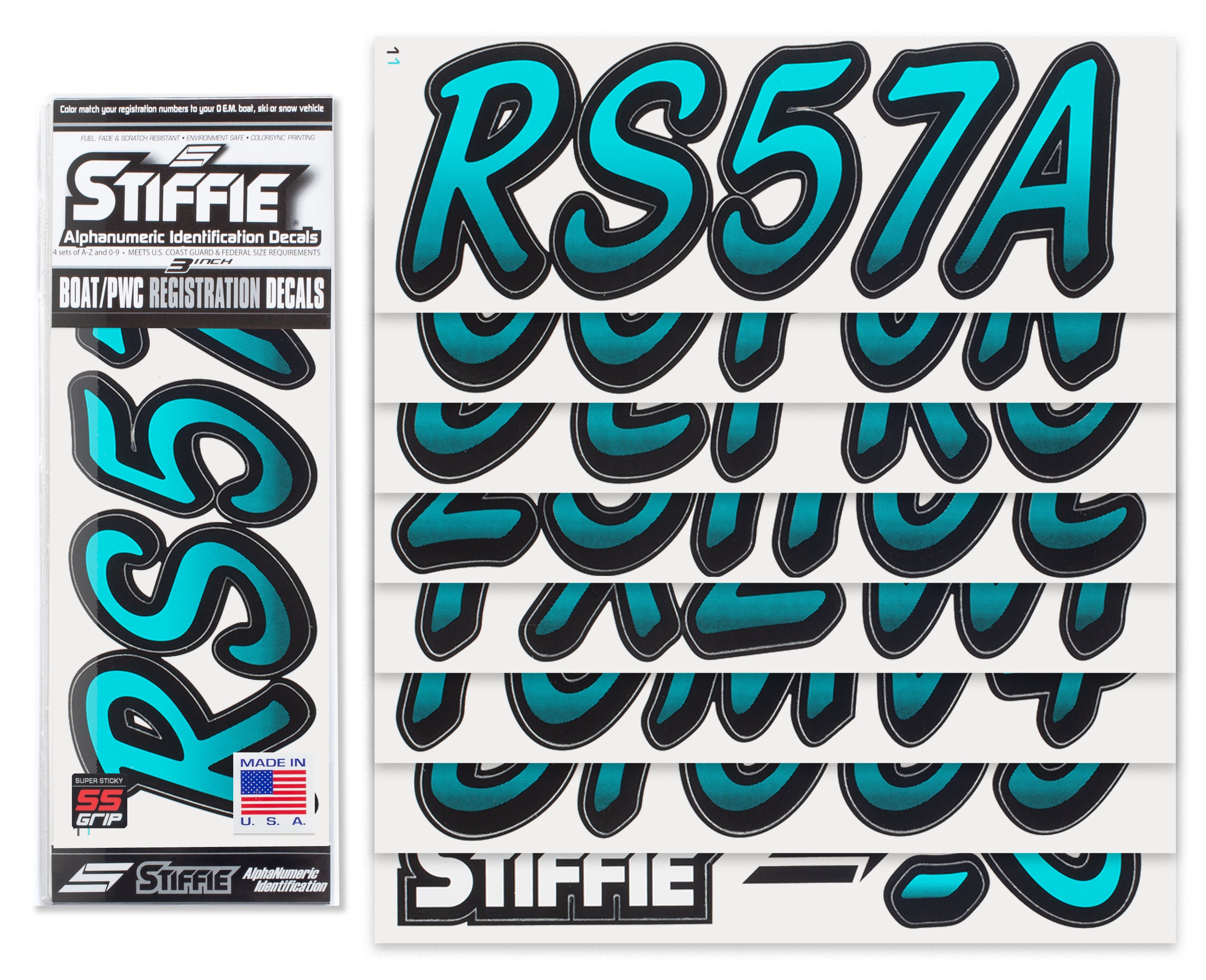 Stiffie Whipline Candy Blue/Black Super Sticky 3" Alpha Numeric Registration Identification Numbers Stickers Decals for Sea-Doo Spark, Inflatable Boats, Ribs, Hypalon/PVC, PWC and Boats