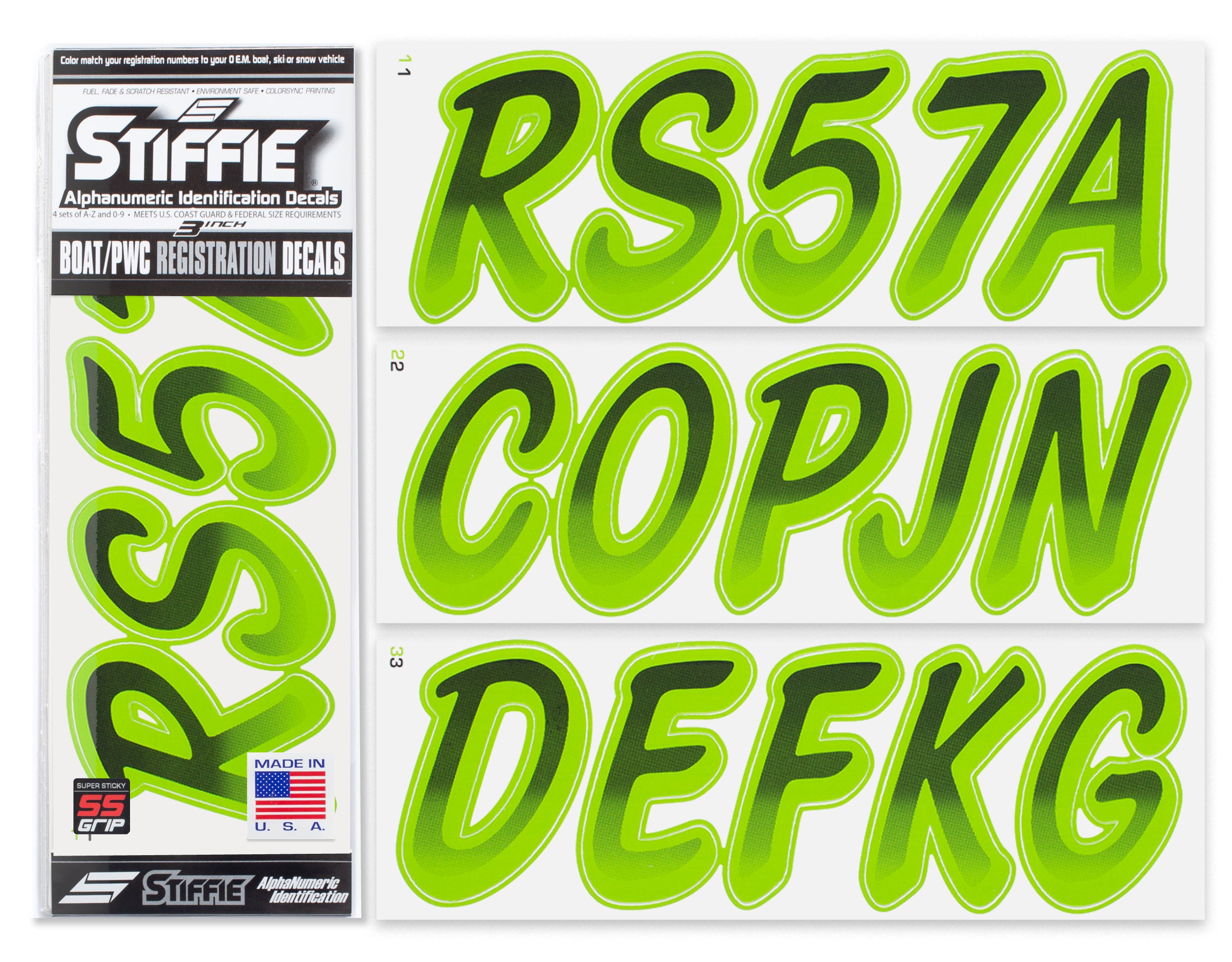 STIFFIE Whipline Black/Team Green Super Sticky 3" Alpha Numeric Registration Identification Numbers Stickers Decals for Sea-Doo Spark, Inflatable Boats, Ribs, Hypalon/PVC, PWC and Boats