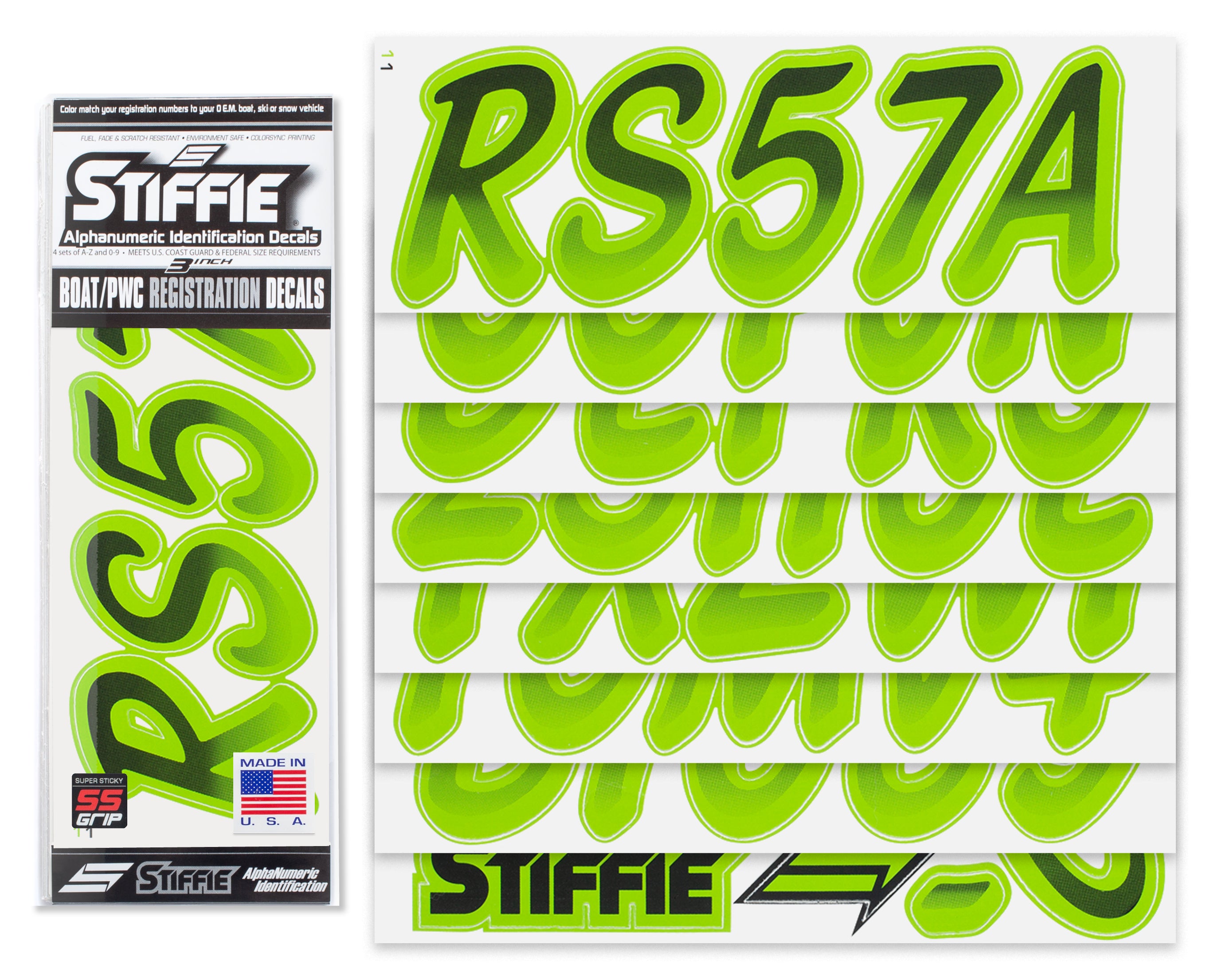 STIFFIE Whipline Black/Team Green Super Sticky 3" Alpha Numeric Registration Identification Numbers Stickers Decals for Sea-Doo Spark, Inflatable Boats, Ribs, Hypalon/PVC, PWC and Boats