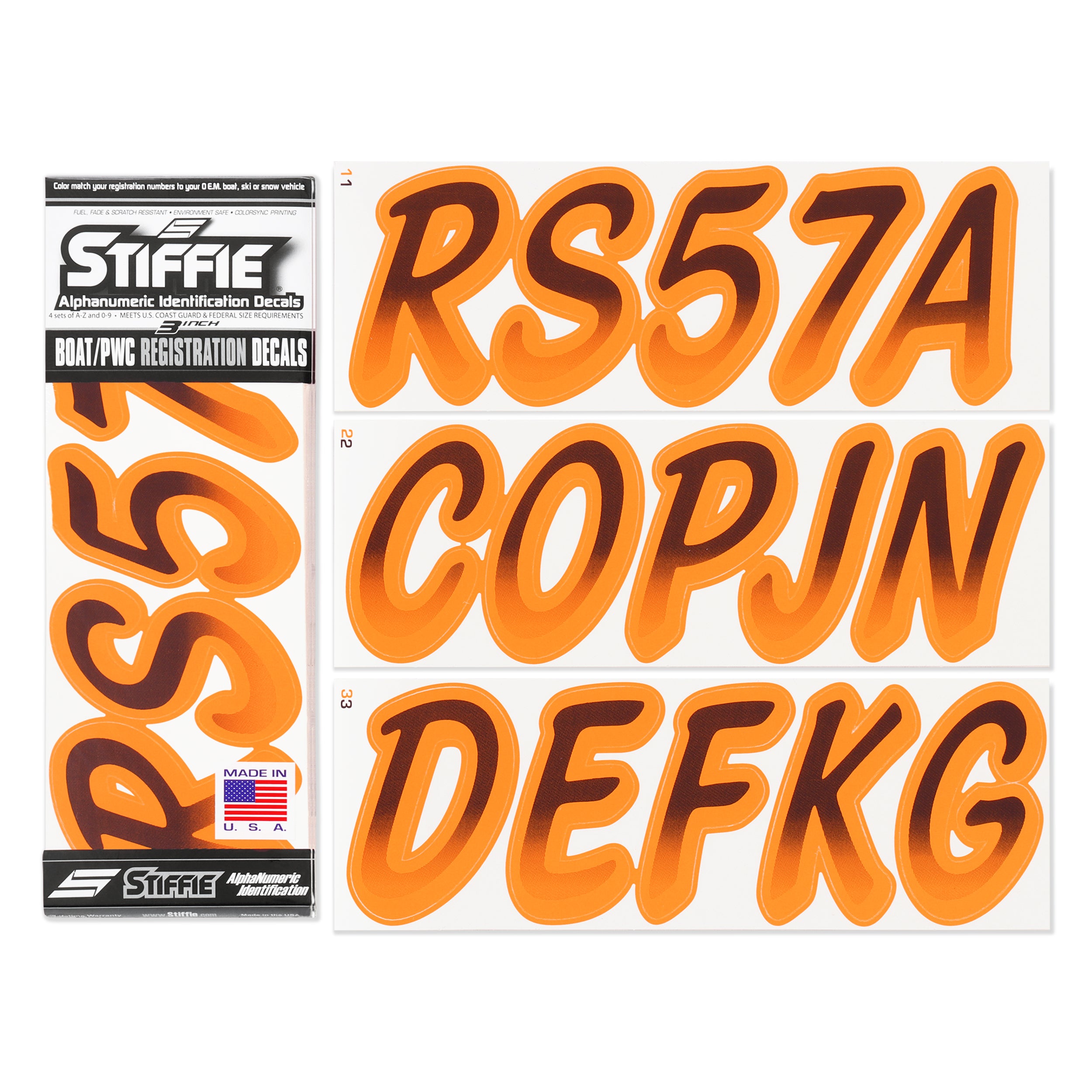 Stiffie Whipline Black/Orange Crush Super Sticky 3" Alpha Numeric Registration Identification Numbers Stickers Decals for Sea-Doo Spark, Inflatable Boats, Ribs, Hypalon/PVC, PWC and Boats.