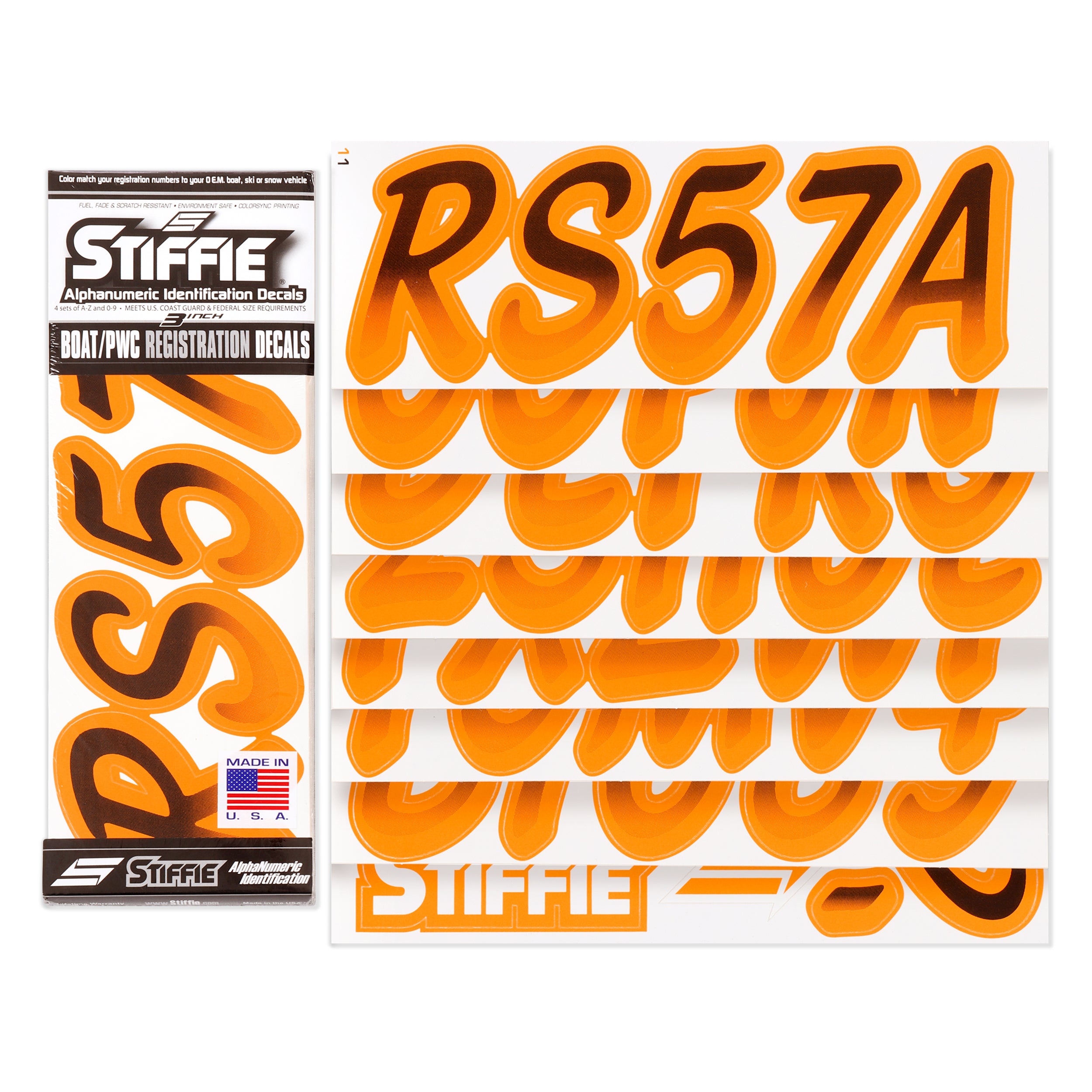Stiffie Whipline Black/Orange Crush Super Sticky 3" Alpha Numeric Registration Identification Numbers Stickers Decals for Sea-Doo Spark, Inflatable Boats, Ribs, Hypalon/PVC, PWC and Boats.