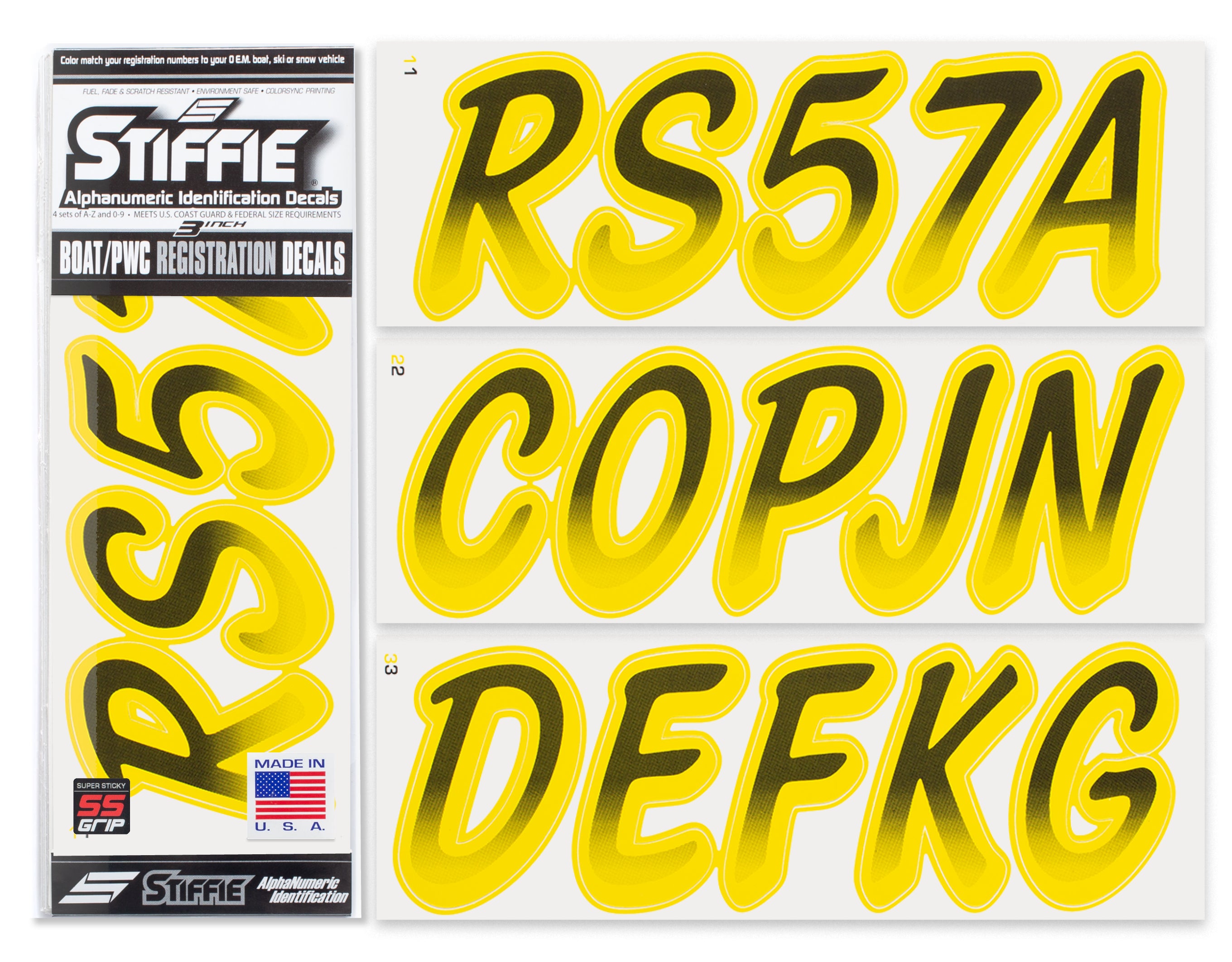 STIFFIE Whipline Black/Yellow Crush Super Sticky 3" Alpha Numeric Registration Identification Numbers Stickers Decals for Sea-Doo Spark, Inflatable Boats, Ribs, Hypalon/PVC, PWC and Boats