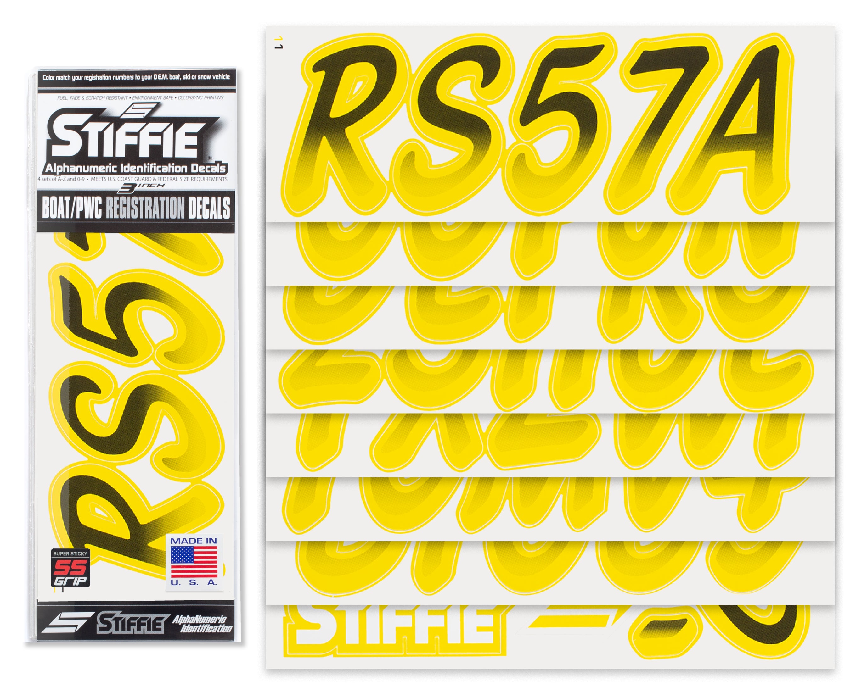 STIFFIE Whipline Black/Yellow Crush Super Sticky 3" Alpha Numeric Registration Identification Numbers Stickers Decals for Sea-Doo Spark, Inflatable Boats, Ribs, Hypalon/PVC, PWC and Boats