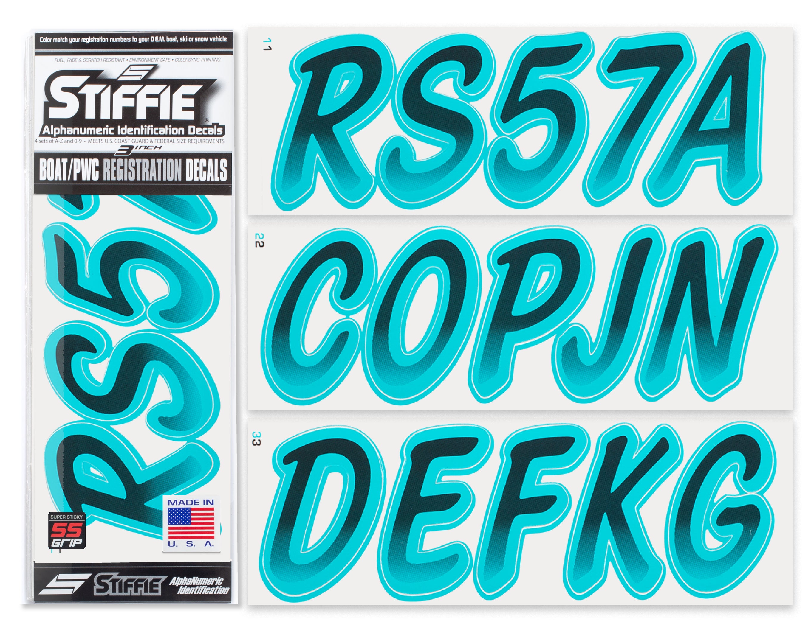 Stiffie Whipline Black/Candy Blue Super Sticky 3" Alpha Numeric Registration Identification Numbers Stickers Decals for Sea-Doo Spark, Inflatable Boats, Ribs, Hypalon/PVC, PWC and Boats