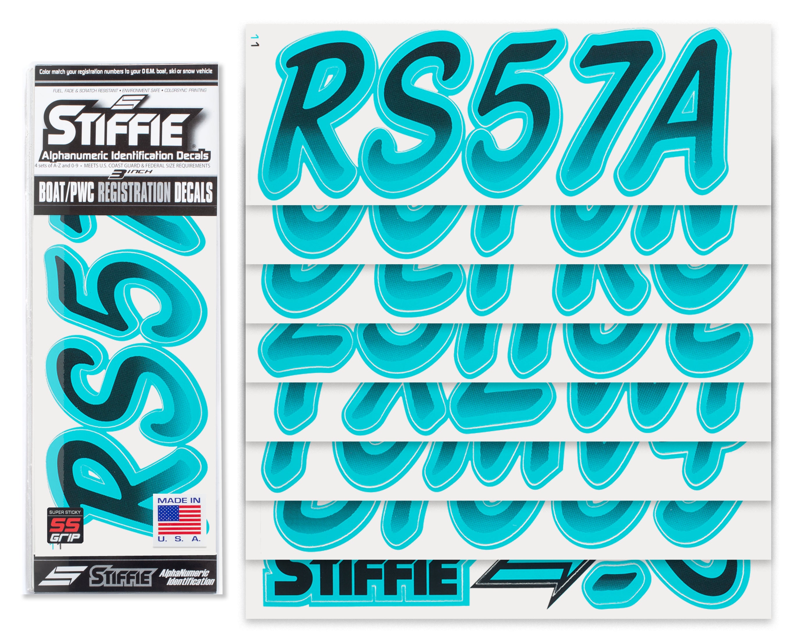 Stiffie Whipline Black/Candy Blue Super Sticky 3" Alpha Numeric Registration Identification Numbers Stickers Decals for Sea-Doo Spark, Inflatable Boats, Ribs, Hypalon/PVC, PWC and Boats