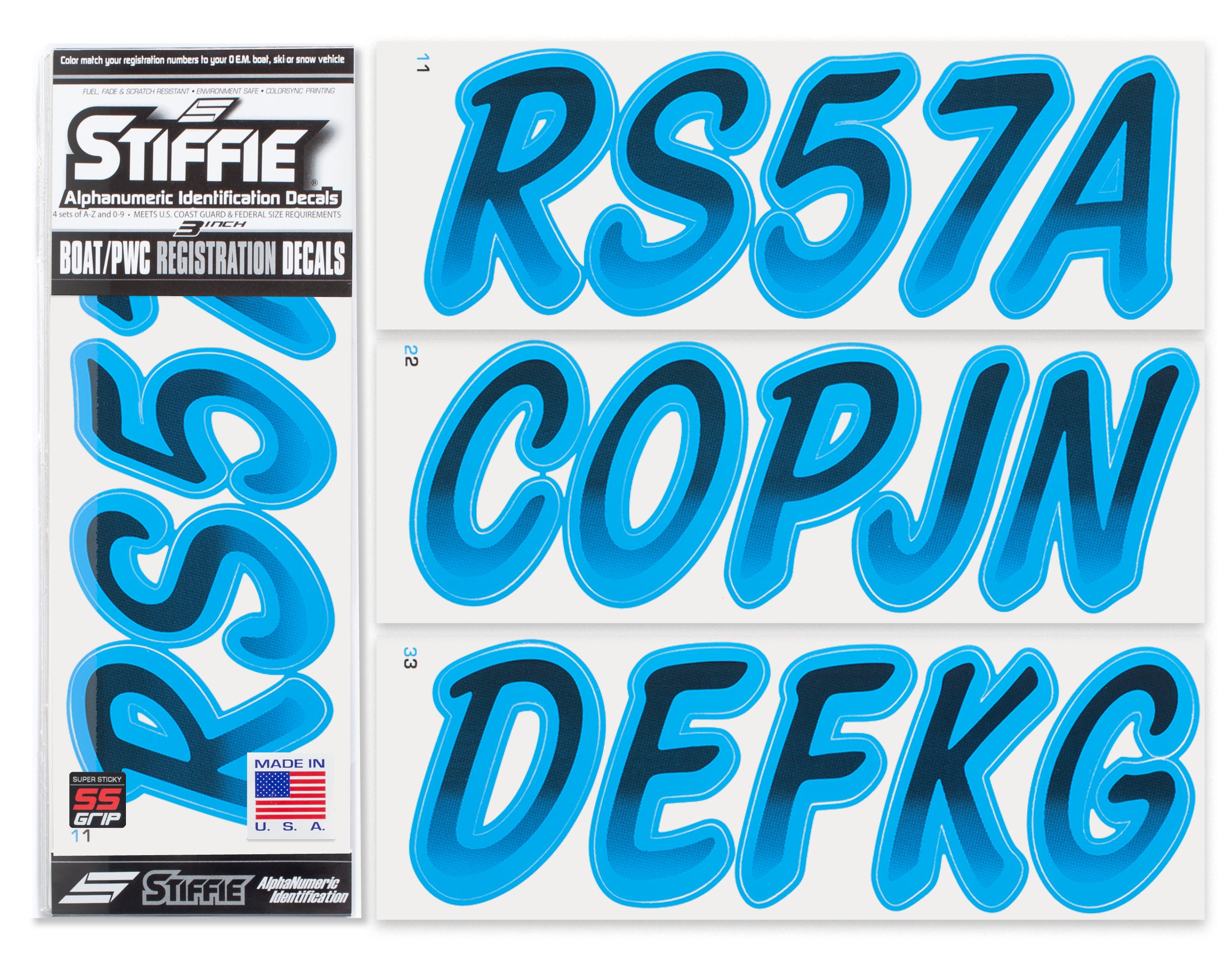 STIFFIE Whipline Black/Blueberry Super Sticky 3" Alpha Numeric Registration Identification Numbers Stickers Decals for Sea-Doo Spark, Inflatable Boats, Ribs, Hypalon/PVC, PWC and Boats