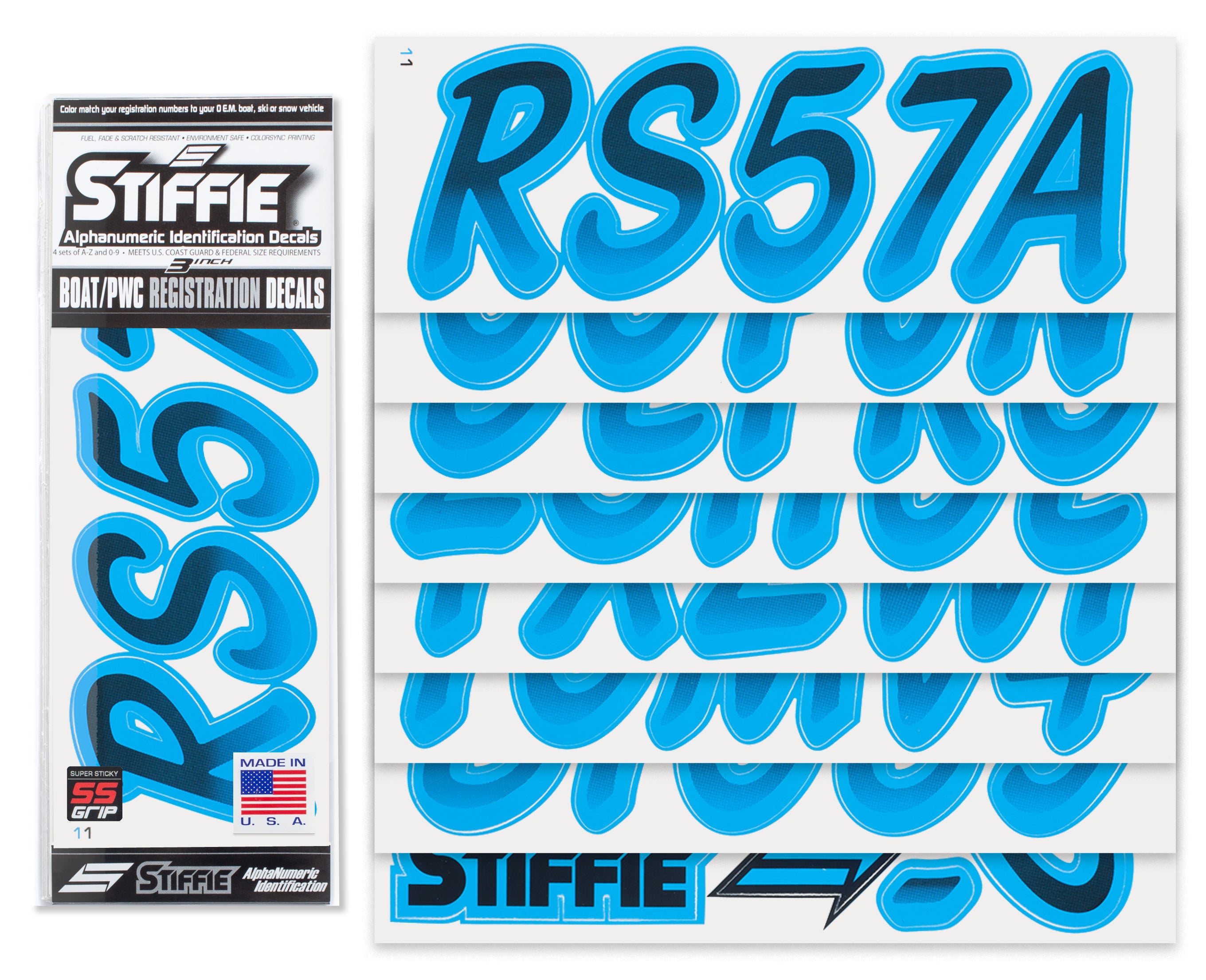 STIFFIE Whipline Black/Blueberry Super Sticky 3" Alpha Numeric Registration Identification Numbers Stickers Decals for Sea-Doo Spark, Inflatable Boats, Ribs, Hypalon/PVC, PWC and Boats
