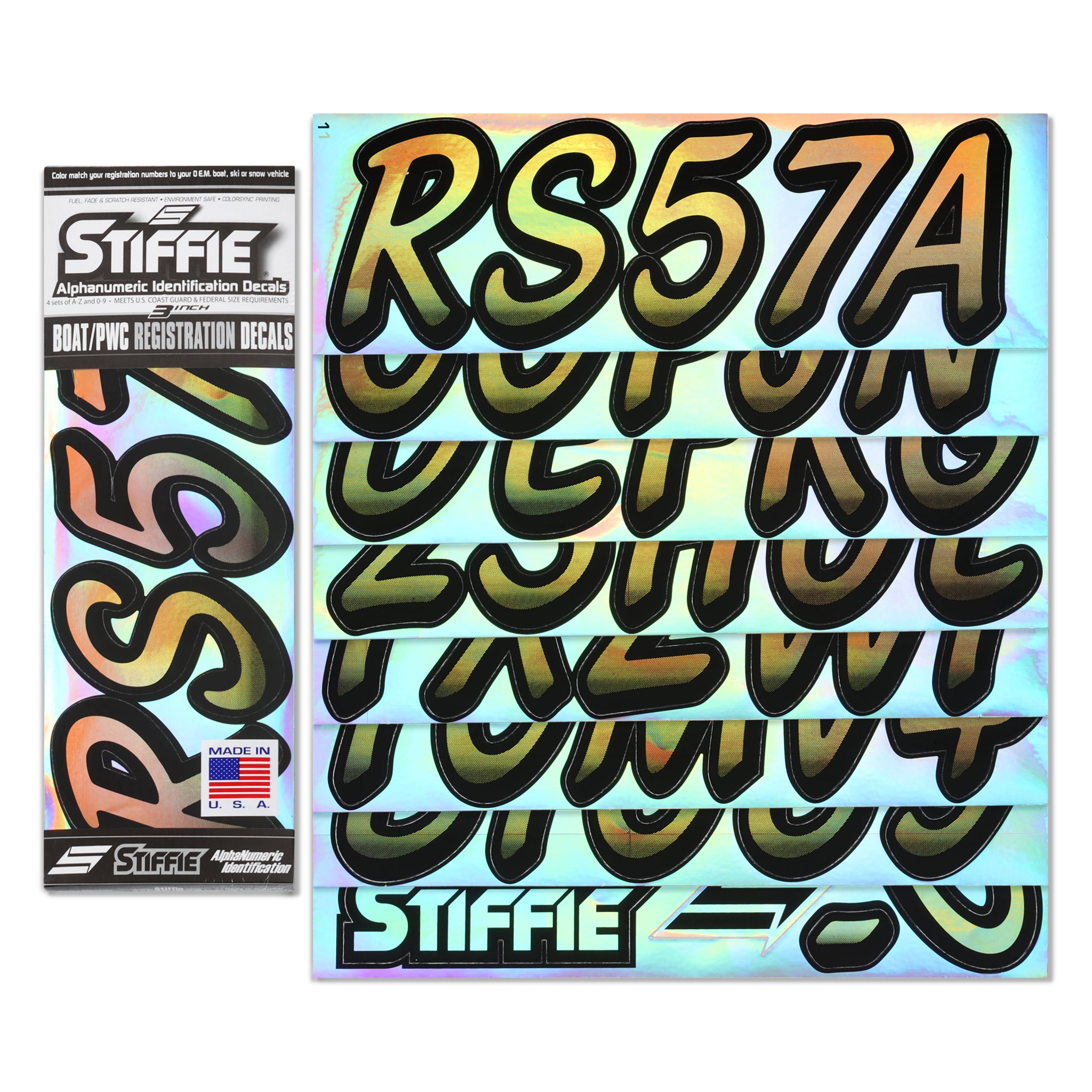 STIFFIE Whipline Reflective Gold/Black 3" Alpha-Numeric Registration Identification Numbers Stickers Decals for Boats & Personal Watercraft