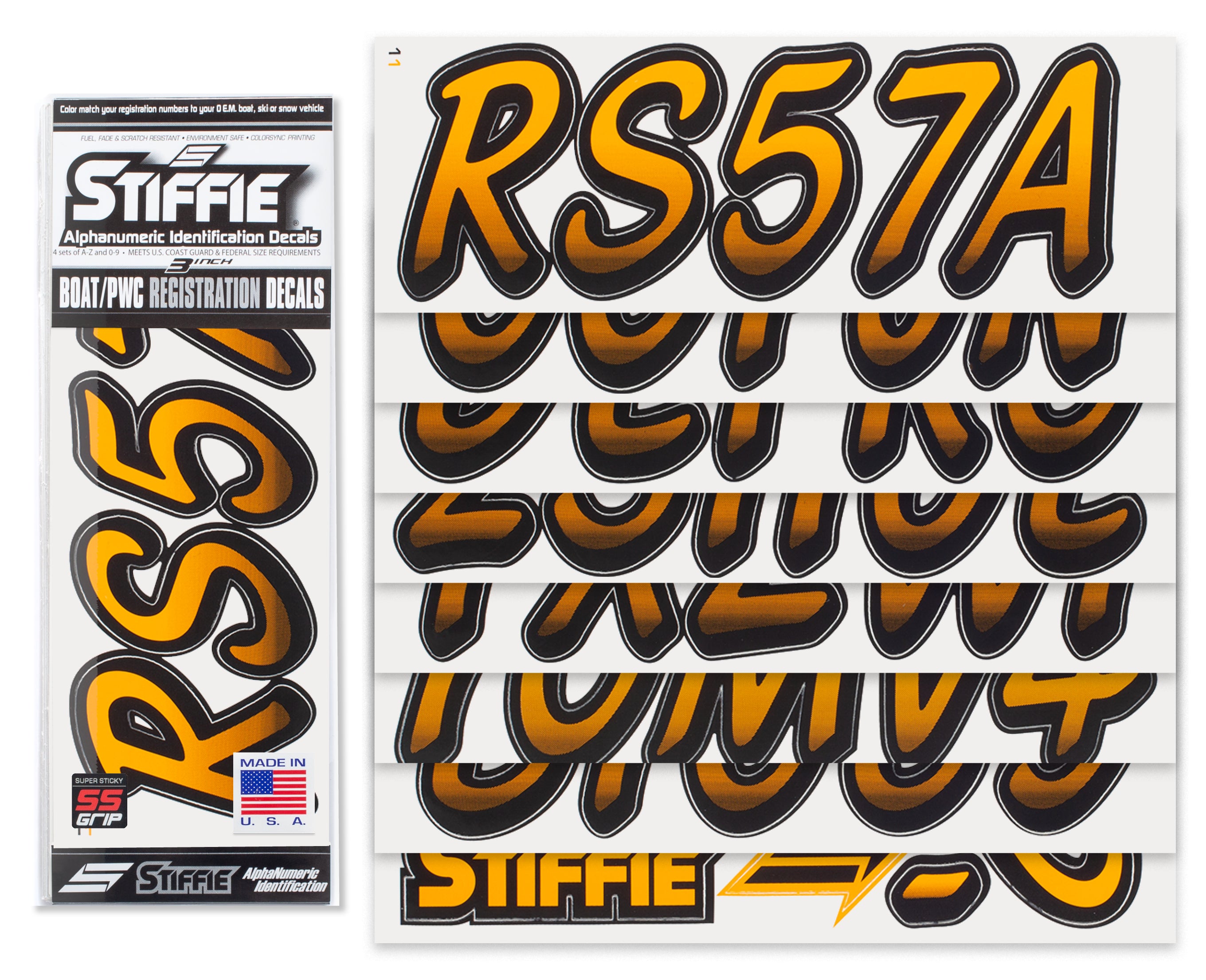 STIFFIE Whipline Orange Crush/Black Super Sticky 3" Alpha Numeric Registration Identification Numbers Stickers Decals for Sea-Doo Spark, Inflatable Boats, Ribs, Hypalon/PVC, PWC and Boats.
