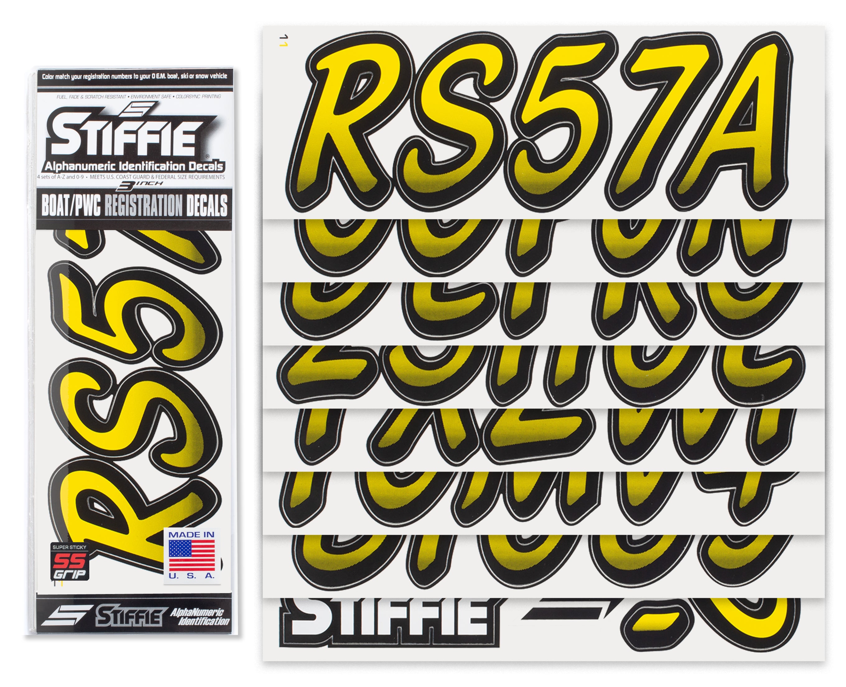 Stiffie Whipline Yellow Crush/Black Super Sticky 3" Alpha Numeric Registration Identification Numbers Stickers Decals for Sea-Doo Spark, Inflatable Boats, Ribs, Hypalon/PVC, PWC and Boats.