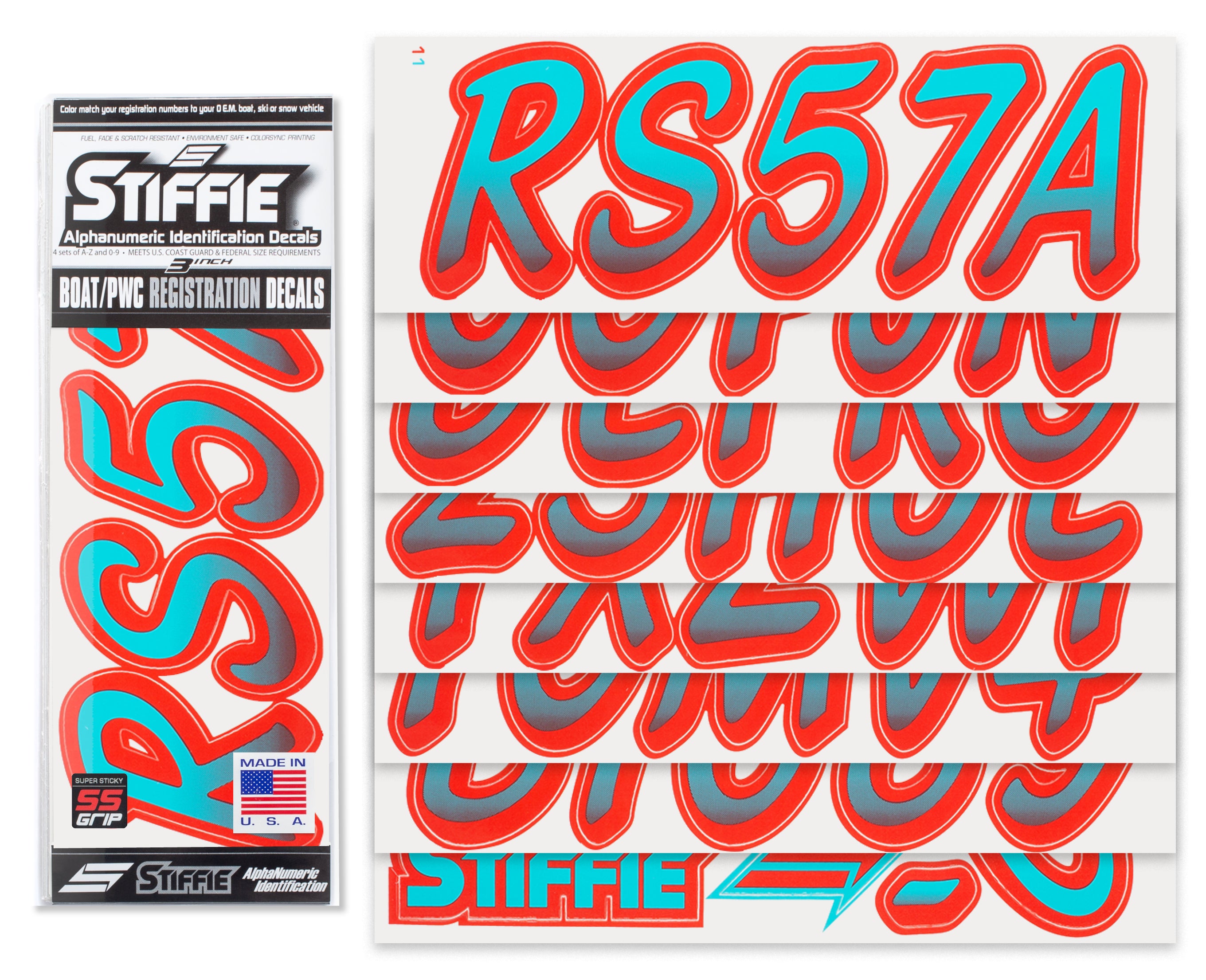 Stiffie Whipline Candy Blue/Lava Red Super Sticky 3" Alpha Numeric Registration Identification Numbers Stickers Decals for Sea-Doo Spark, Inflatable Boats, Ribs, Hypalon/PVC, PWC and Boats.