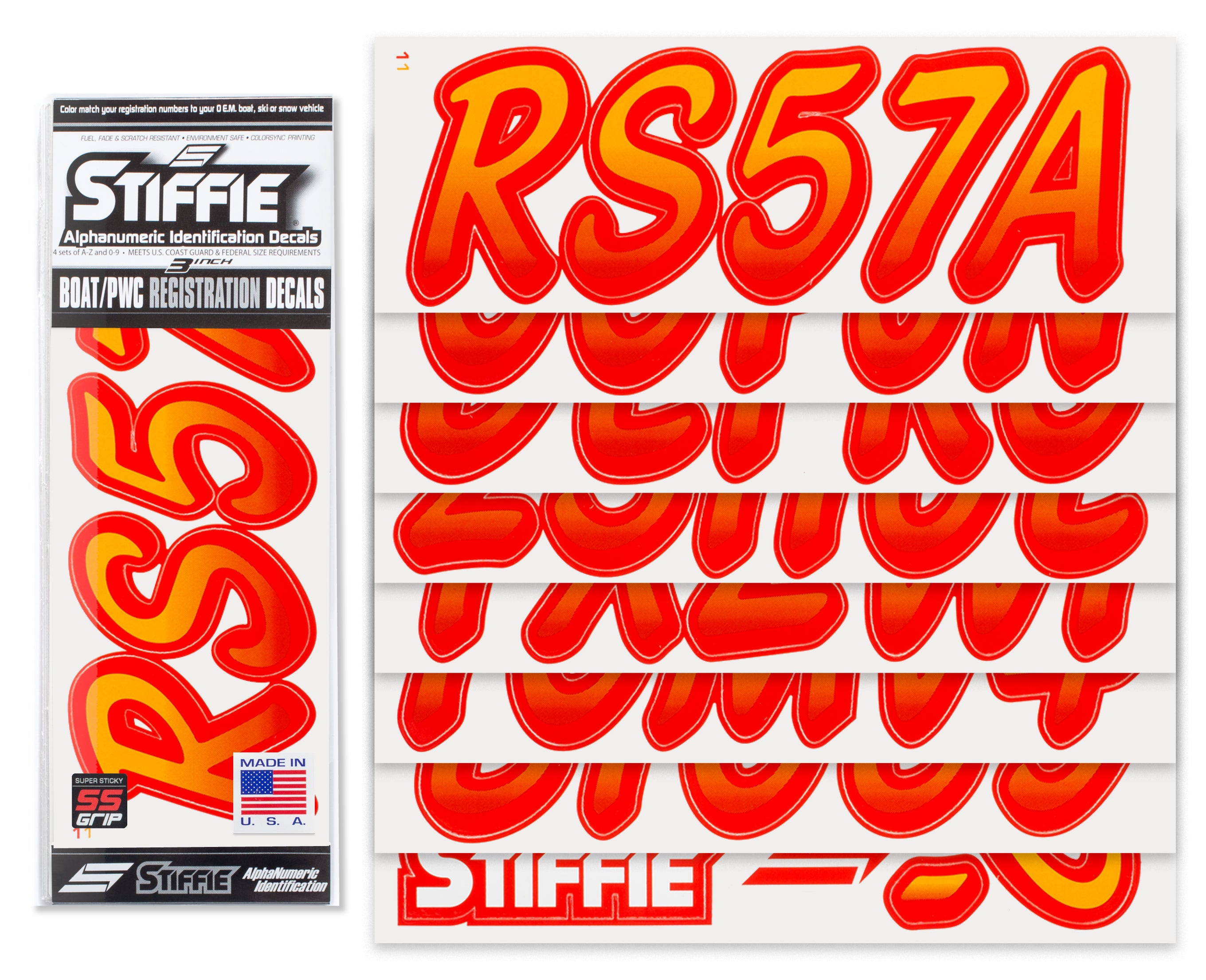 Stiffie Whipline Orange Crush/Lava Red Super Sticky 3" Alpha Numeric Registration Identification Numbers Stickers Decals for Sea-Doo Spark, Inflatable Boats, Ribs, Hypalon/PVC, PWC and Boats.