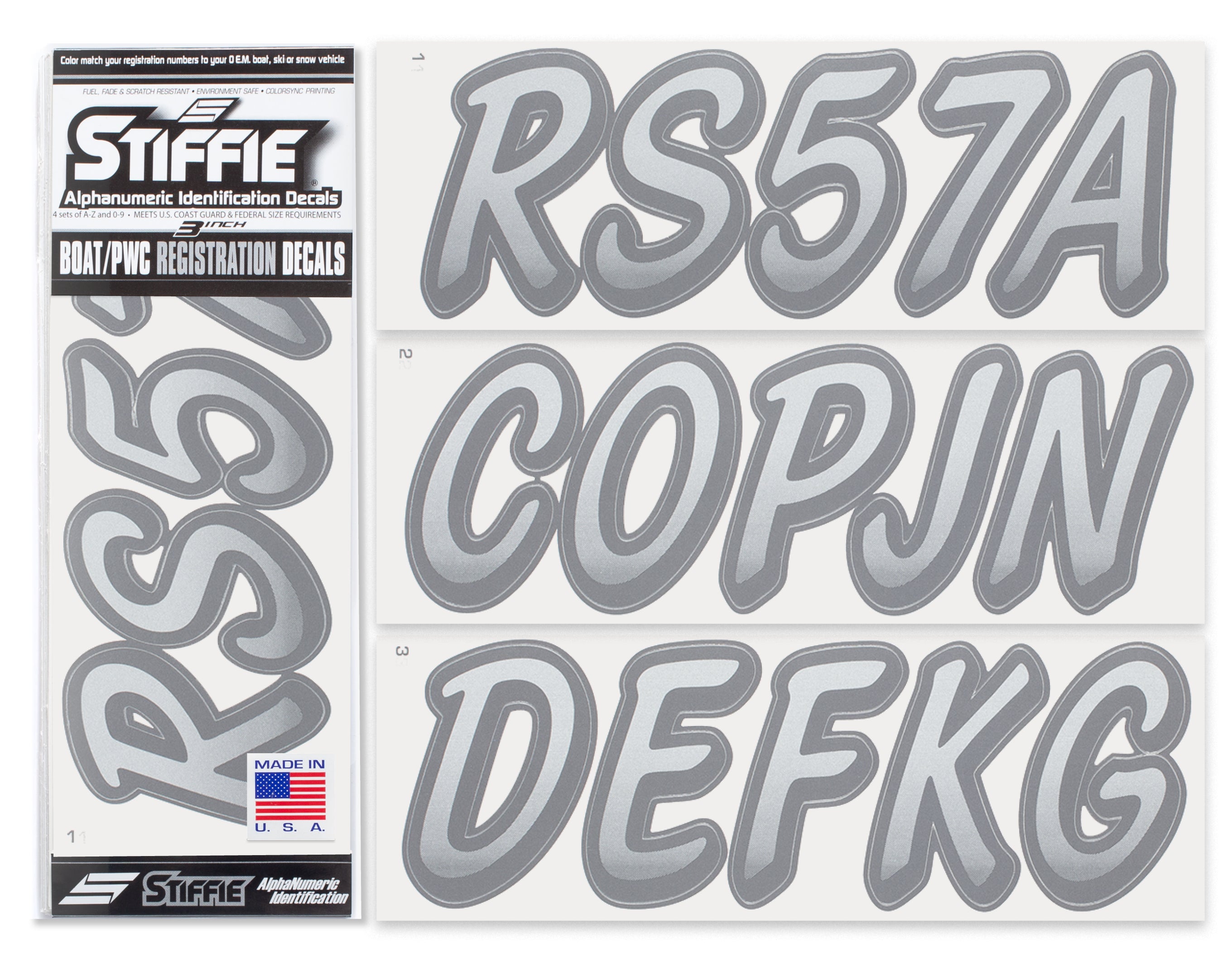 Stiffie Whipline Met. Silver/Met. Carbon 3" Alpha-Numeric Registration Identification Numbers Stickers Decals for Boats & Personal Watercraft