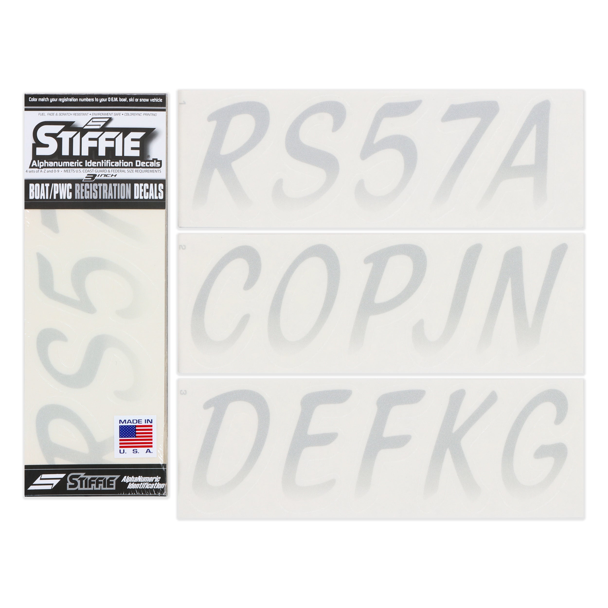 Stiffie Whipline Met. Silver/Transparent Clear 3" Alpha-Numeric Registration Identification Numbers Stickers Decals for Boats & Personal Watercraft