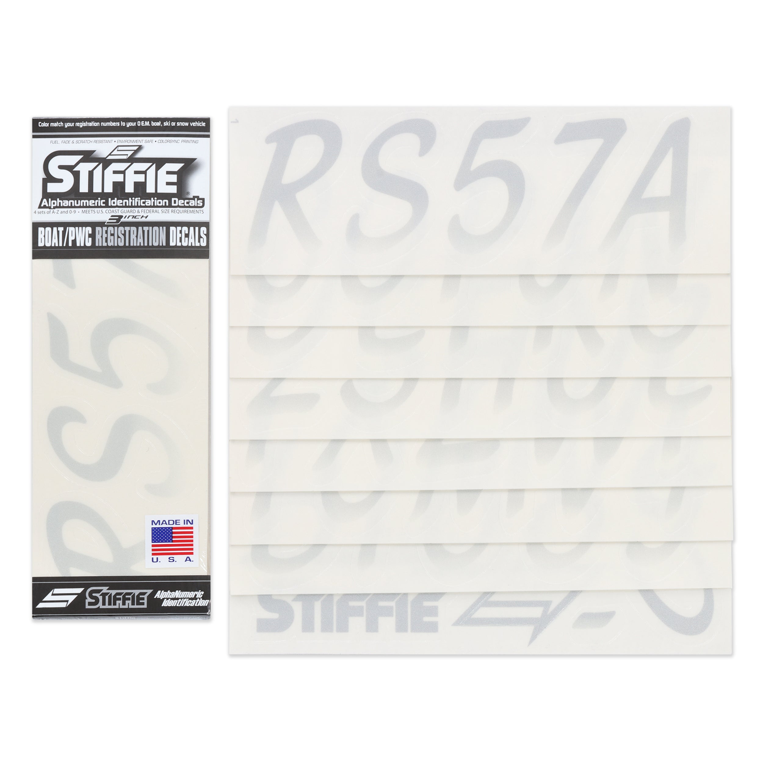 Stiffie Whipline Met. Silver/Transparent Clear 3" Alpha-Numeric Registration Identification Numbers Stickers Decals for Boats & Personal Watercraft