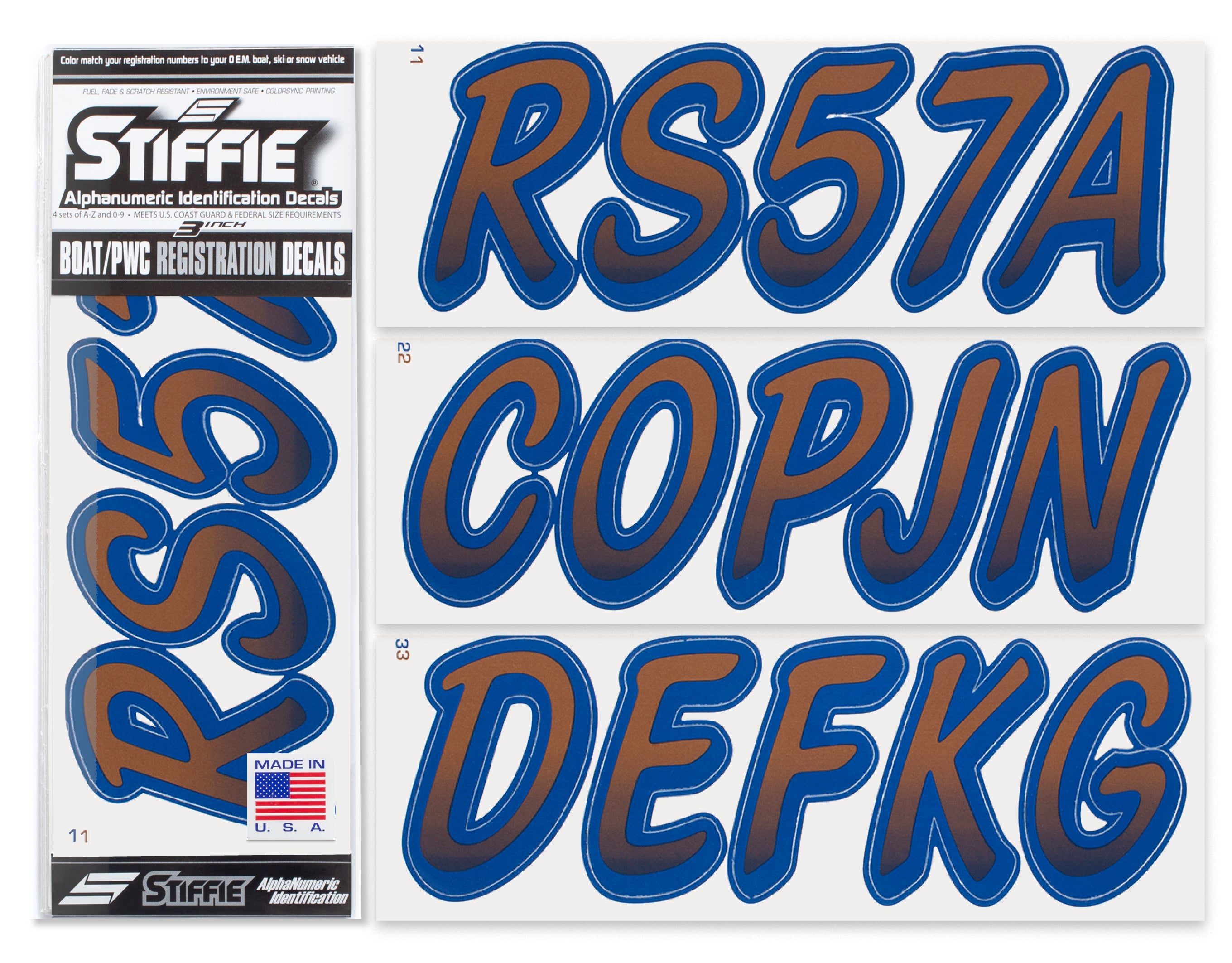 Stiffie Whipline Metallic Copper/Navy 3" Alpha-Numeric Registration Identification Numbers Stickers Decals for Boats & Personal Watercraft