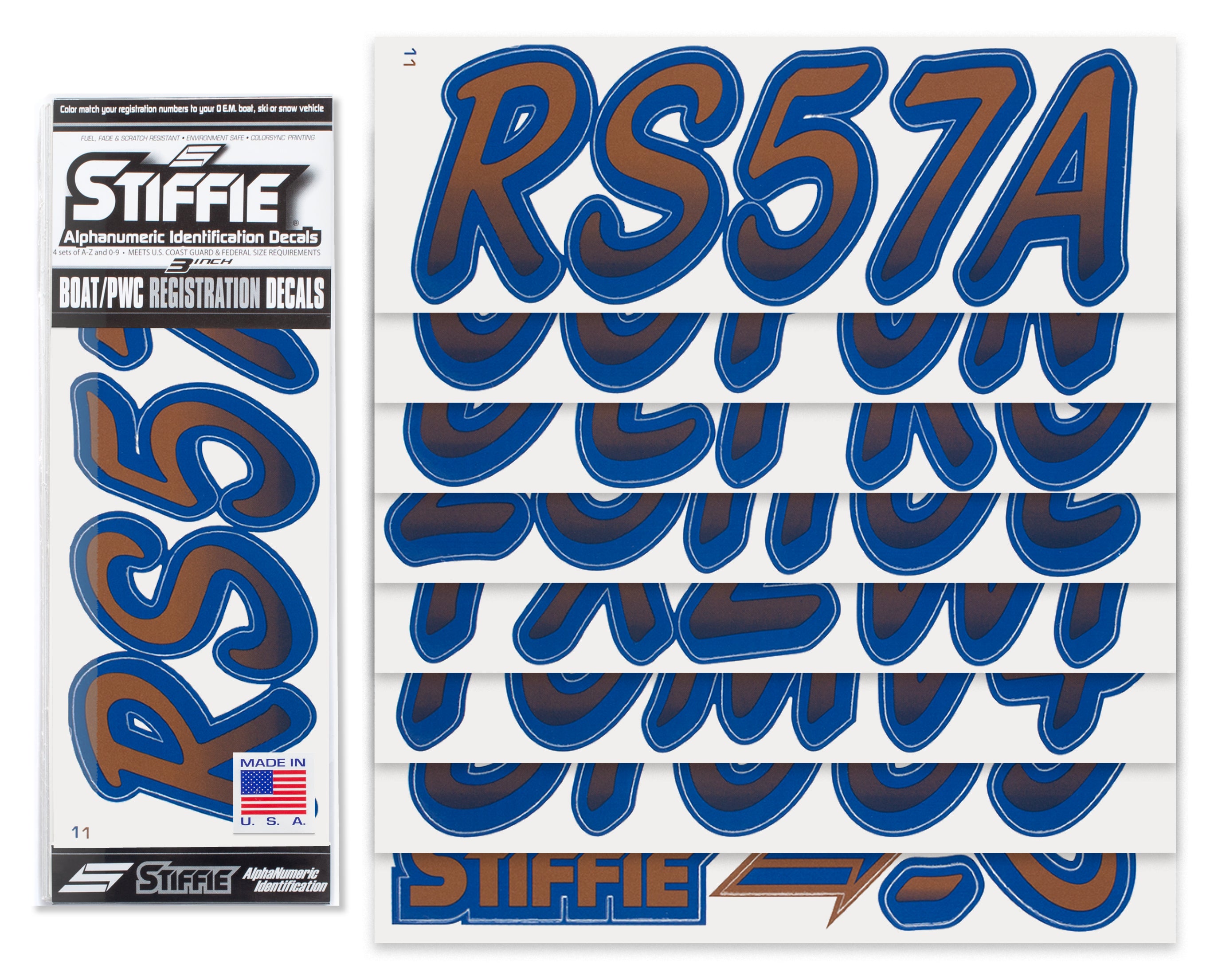 Stiffie Whipline Metallic Copper/Navy 3" Alpha-Numeric Registration Identification Numbers Stickers Decals for Boats & Personal Watercraft