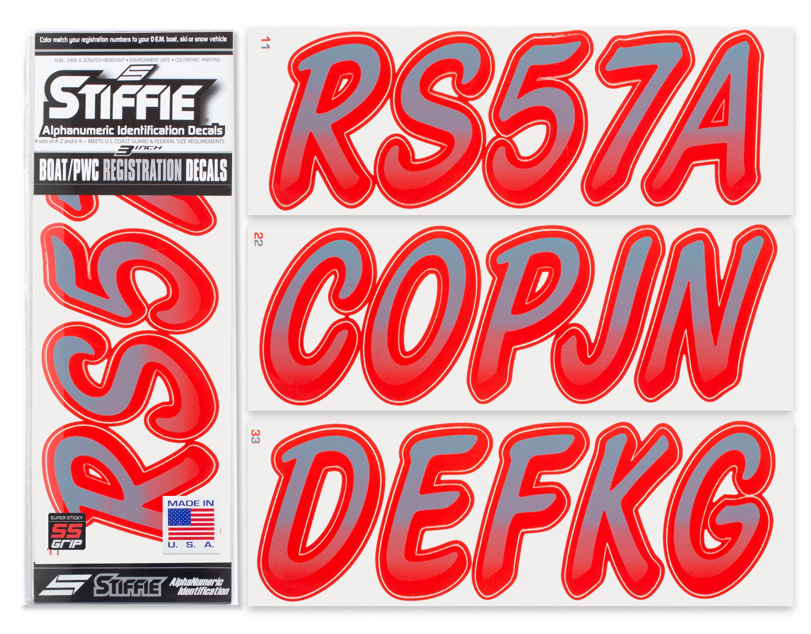 Stiffie Whipline Shark Gray/Lava Red Super Sticky 3" Alpha Numeric Registration Identification Numbers Stickers Decals for Sea-Doo Spark, Inflatable Boats, Ribs, Hypalon/PVC, PWC and Boats