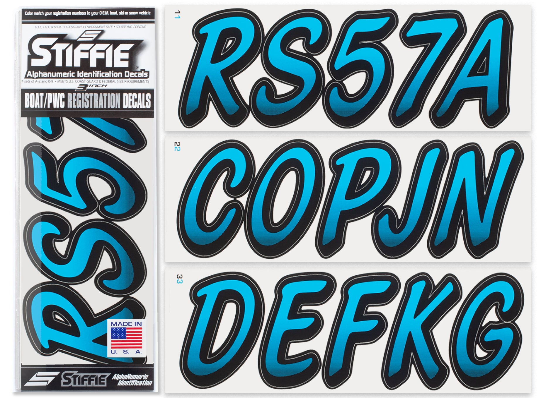 STIFFIE Whipline Sky Blue/Black 3" Alpha-Numeric Registration Identification Numbers Stickers Decals for Boats & Personal Watercraft