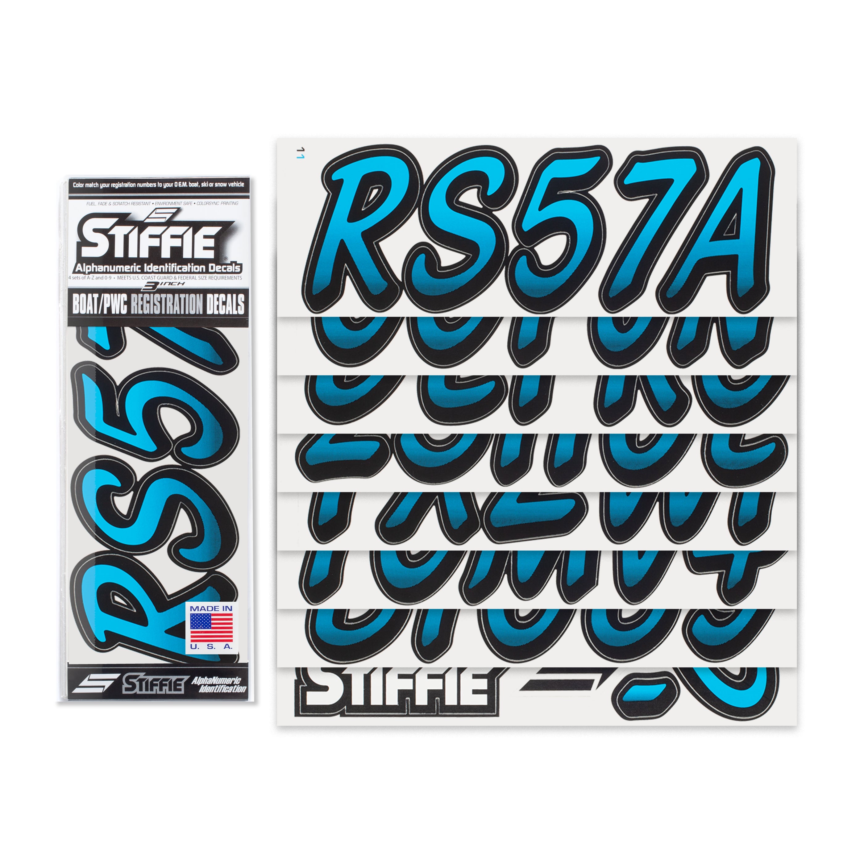 STIFFIE Whipline Sky Blue/Black 3" Alpha-Numeric Registration Identification Numbers Stickers Decals for Boats & Personal Watercraft