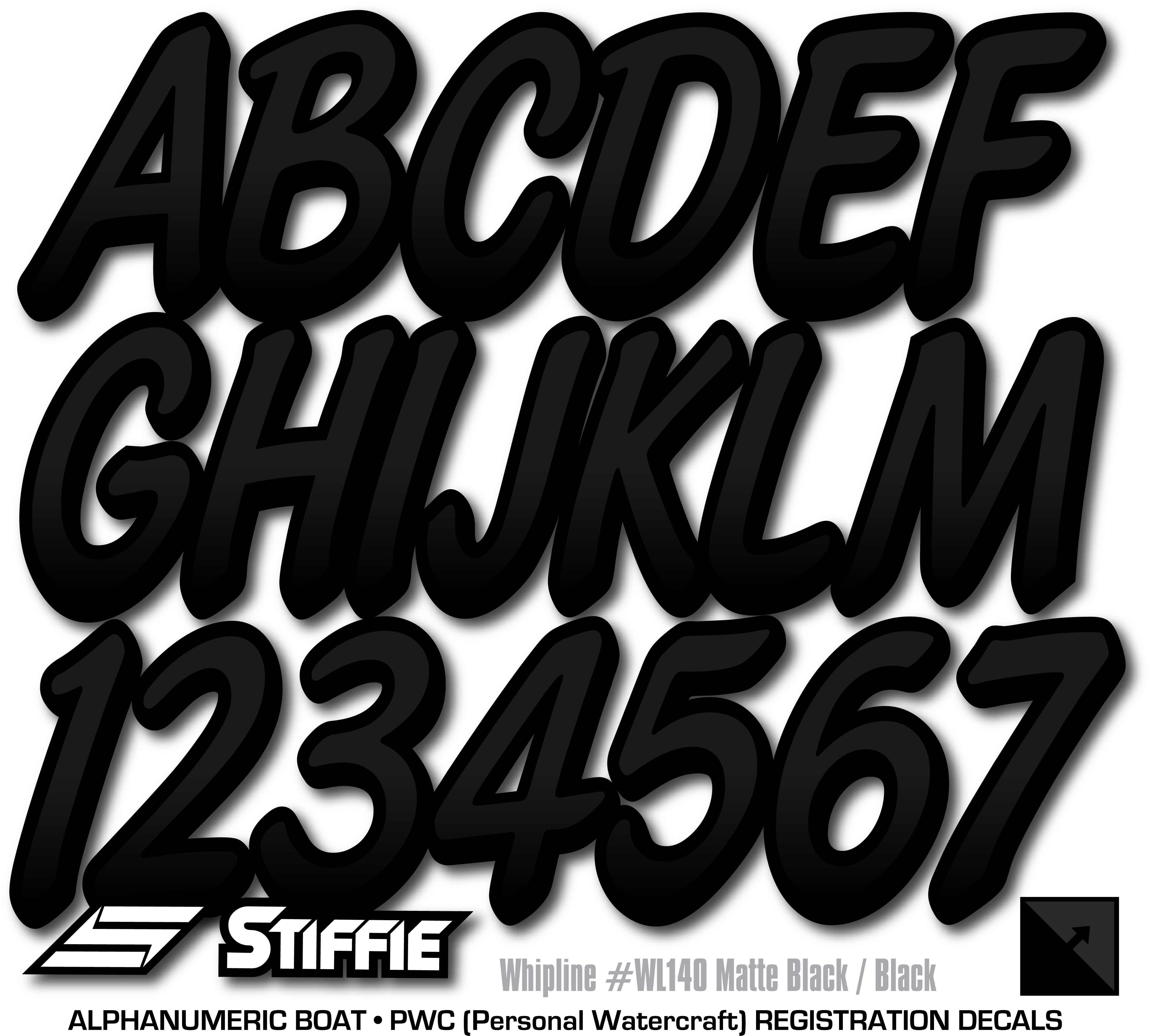 Stiffie Whipline Matte Black/Black 3" Alpha-Numeric Registration Identification Numbers Stickers Decals for Boats & Personal Watercraft