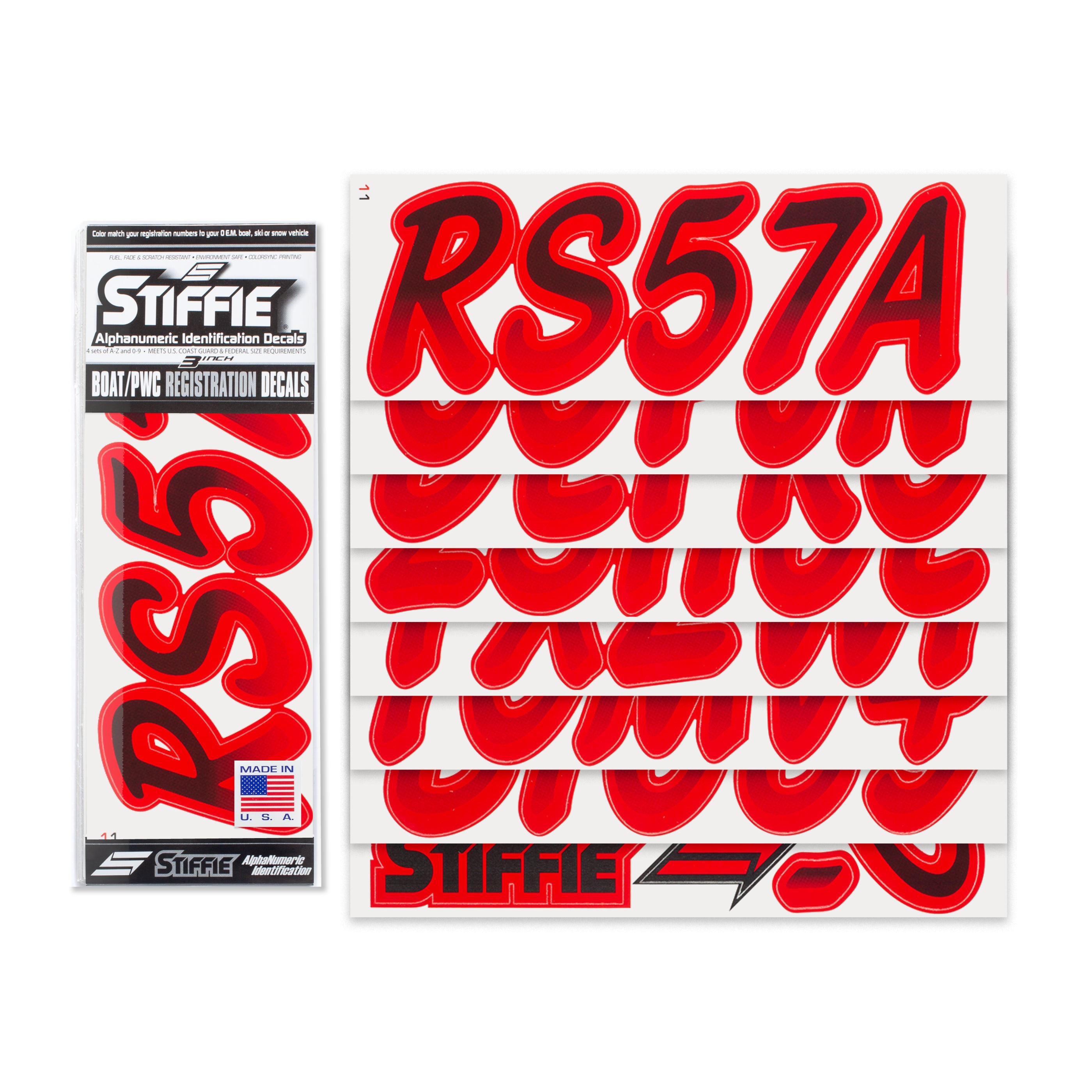 STIFFIE Whipline Black/Red 3" Alpha-Numeric Registration Identification Numbers Stickers Decals for Boats & Personal Watercraft